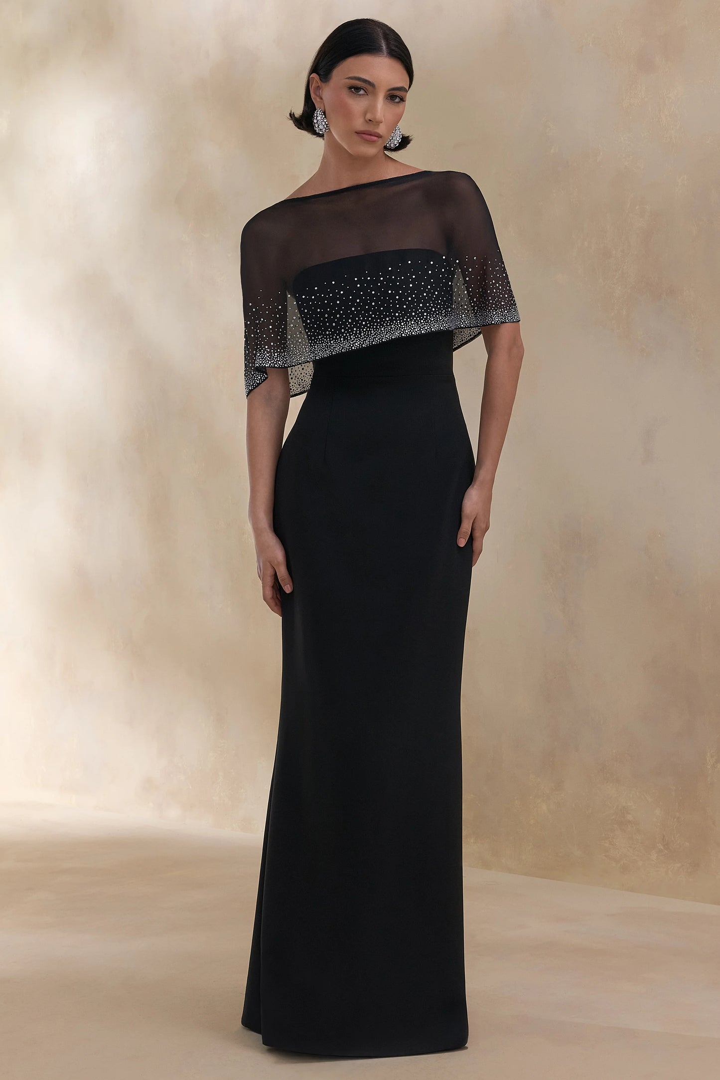 Everly Black Hand-Embellished Cape-Sleeve Maxi Dress