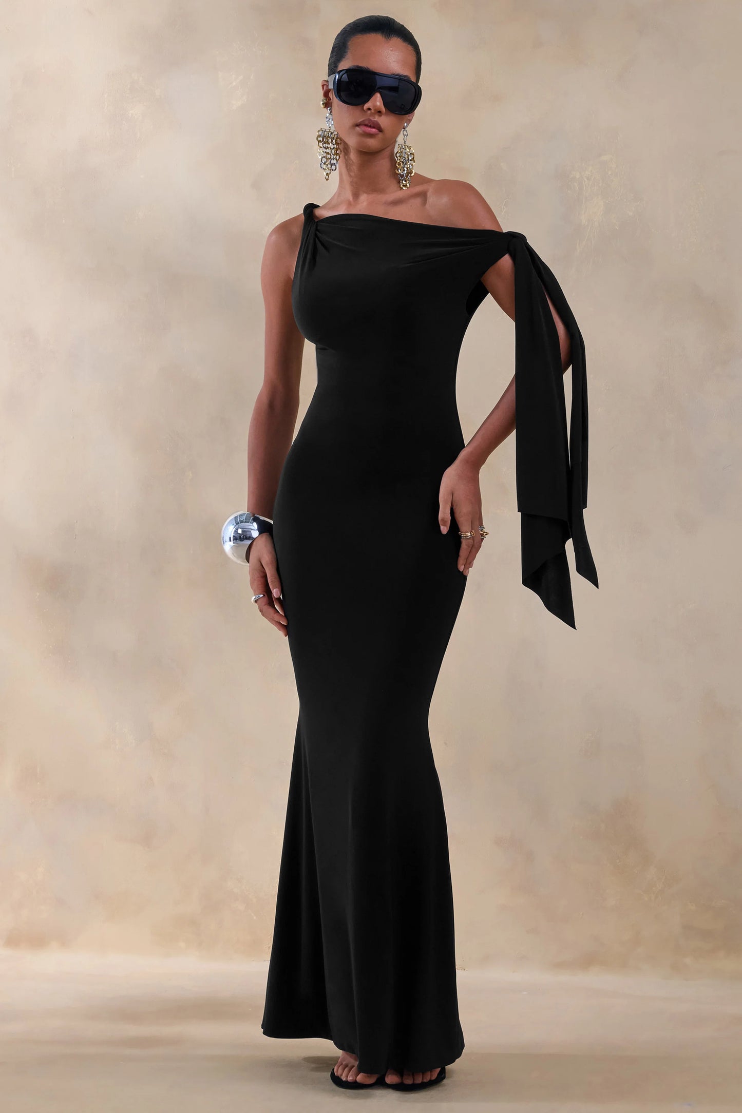 Vista Black Asymmetric-Neck Maxi Dress With Knot-Sleeve Detail