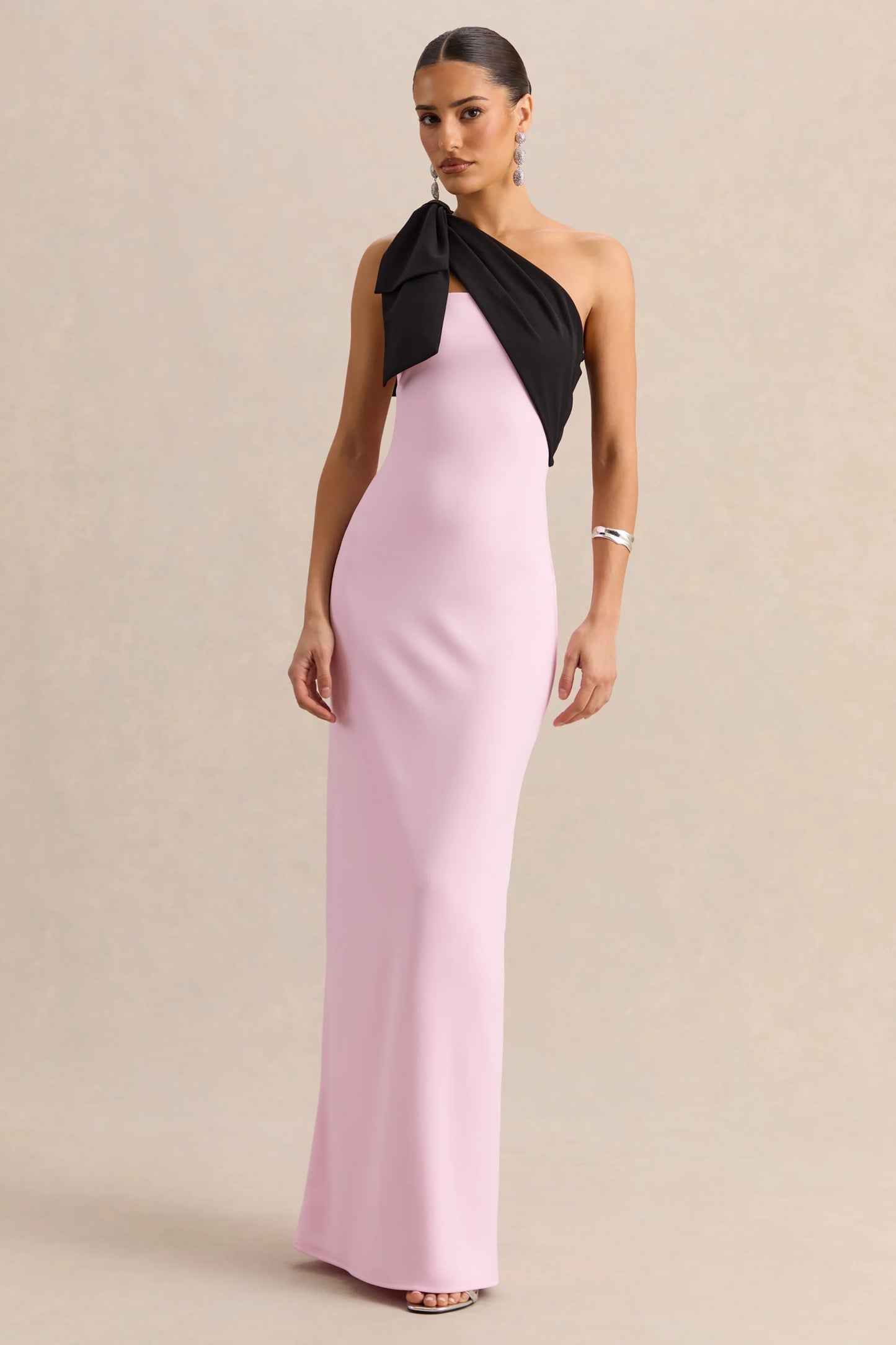 Adara Pink & Black Asymmetric-Neck Maxi Dress With Bow-Detail