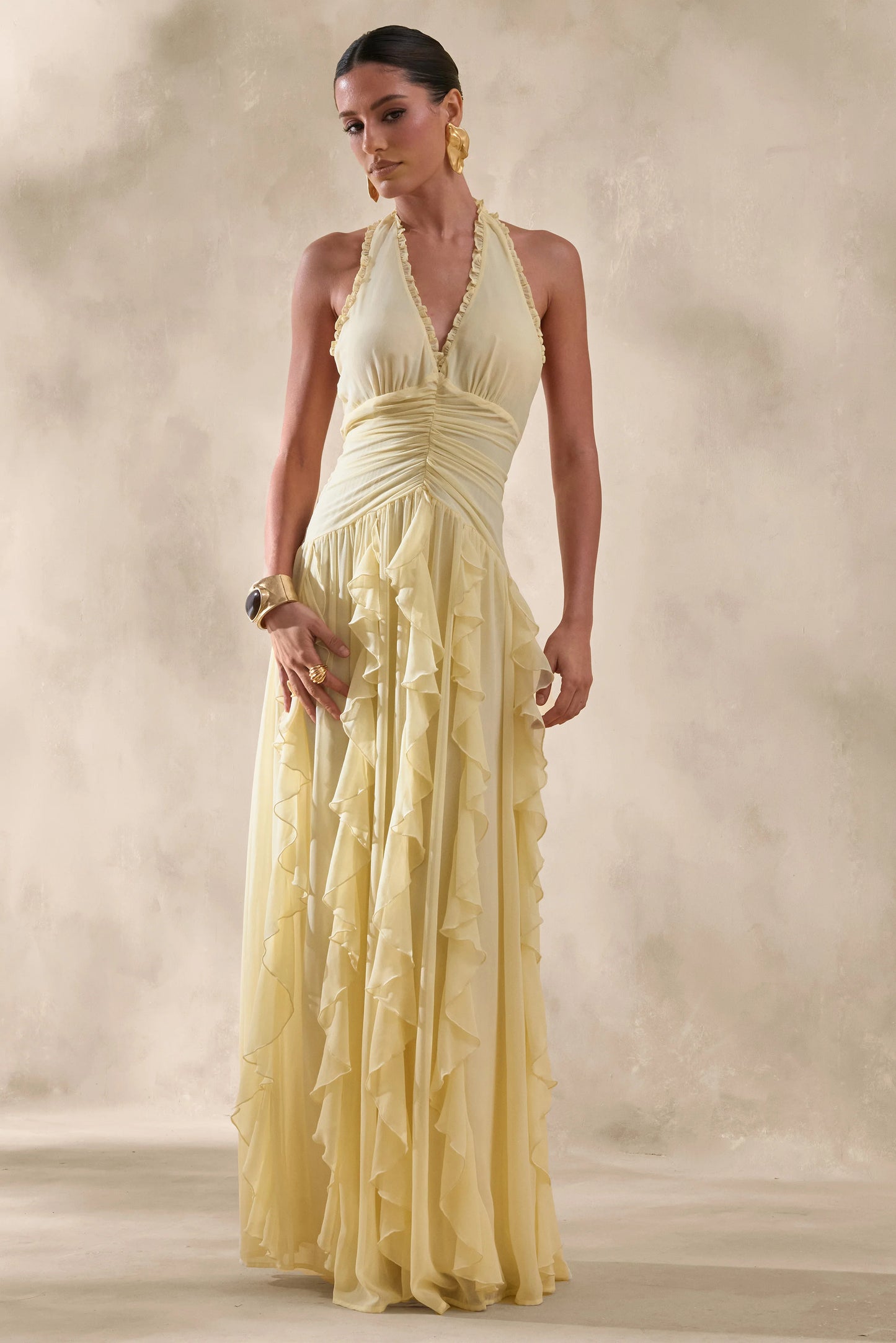 Bea Lemon Plunge-Neck Ruffled Maxi Dress
