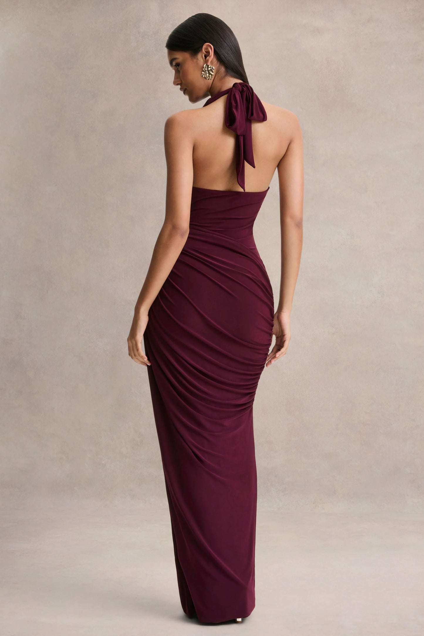 Cairo Burgundy Cowl-Neck Maxi Dress With Gathered Detailing