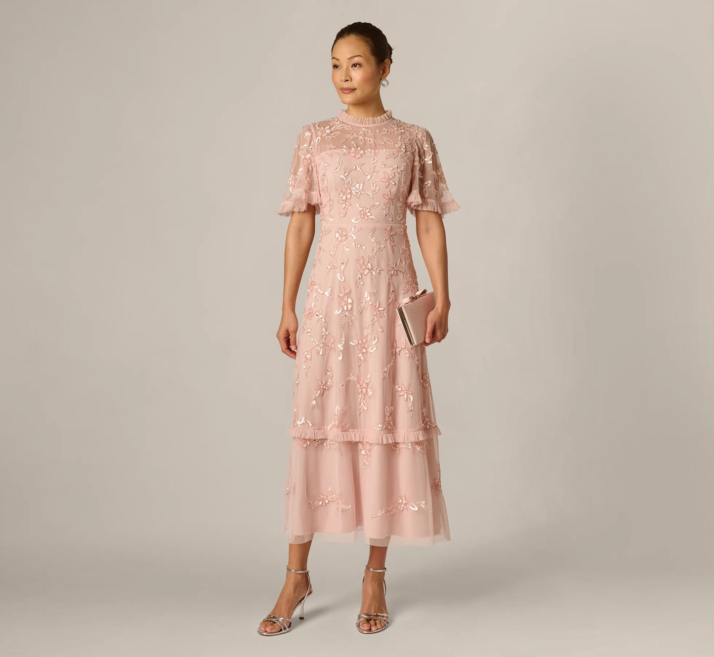 Flutter Sleeve Ruffle Floral Beaded Midi Dress In Blush Whisper