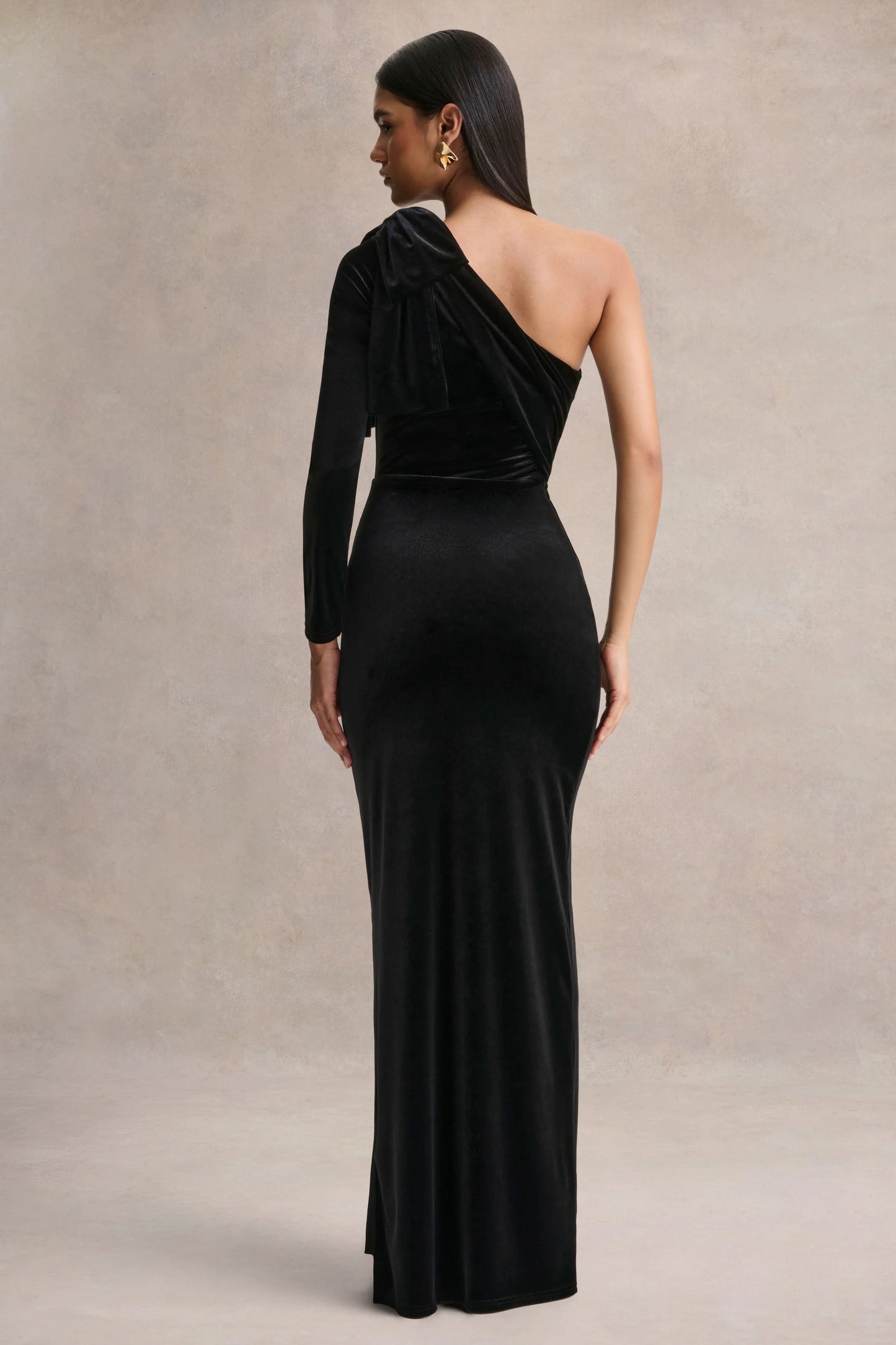 Farryn Black Asymmetric-Neck Maxi Dress With Bow Detail