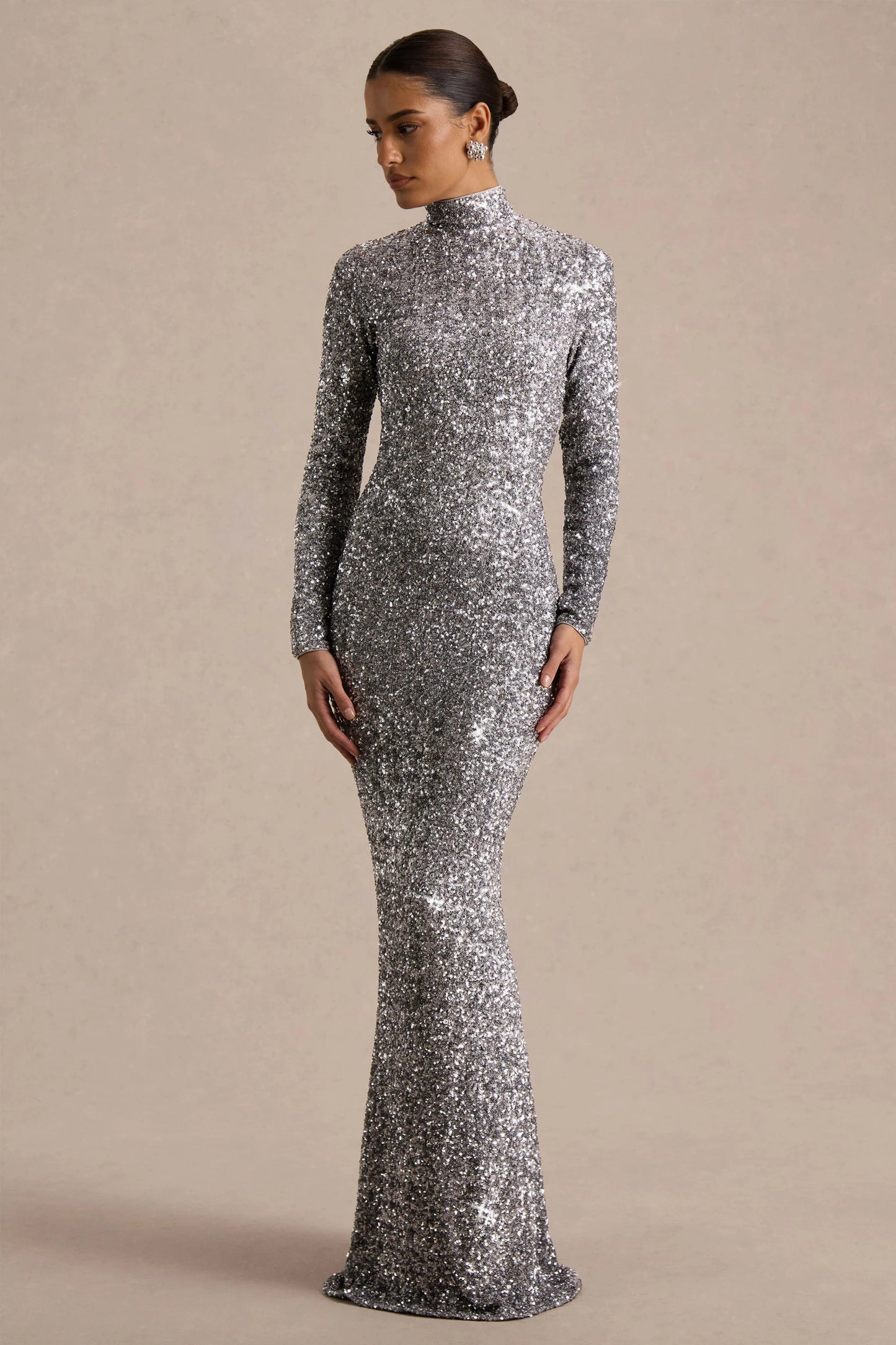 Galaxy Silver Sequin Turtle-Neck Long-Sleeve Maxi Dress
