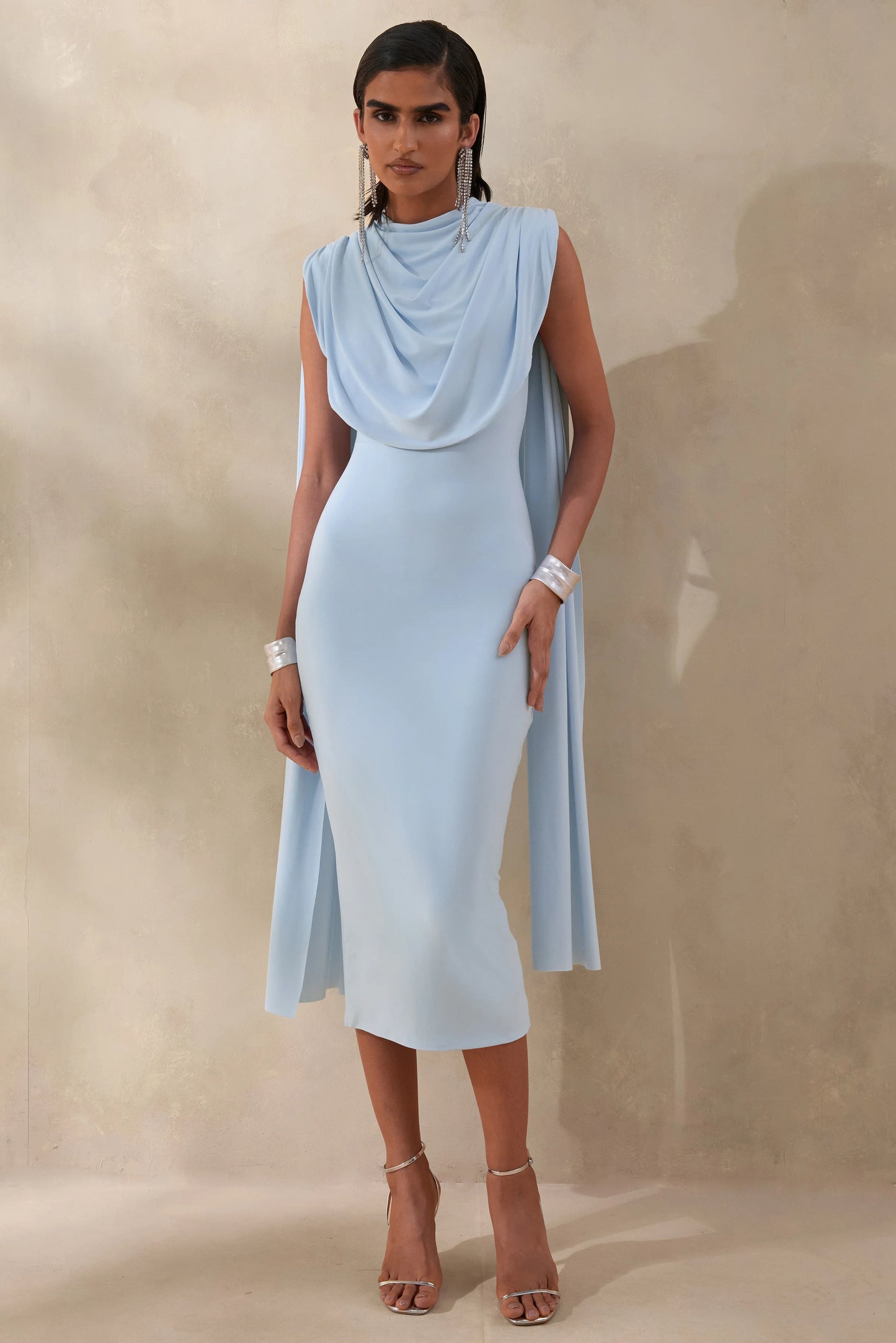 Lysandria Powder Blue High-Neck Midi Dress With Draped-Detailing