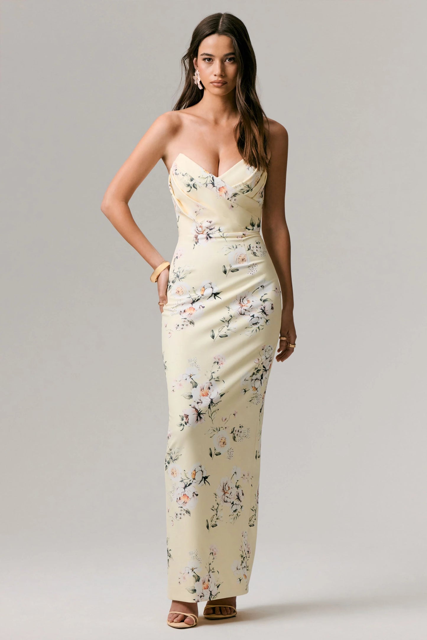 Fierce Lemon Print Asymmetric Ruched Maxi Dress