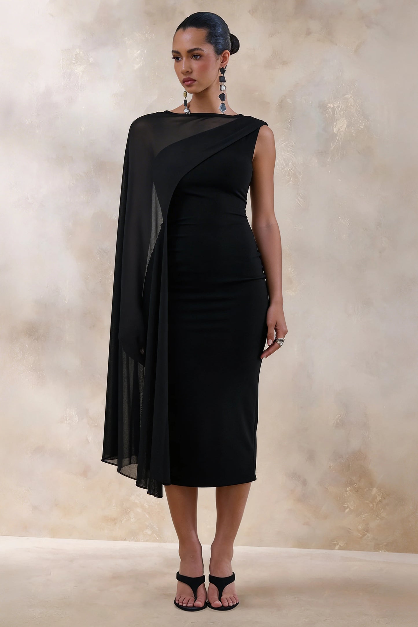 Caloria Black Asymmetric-Neck Midi Dress With Mesh-Cape