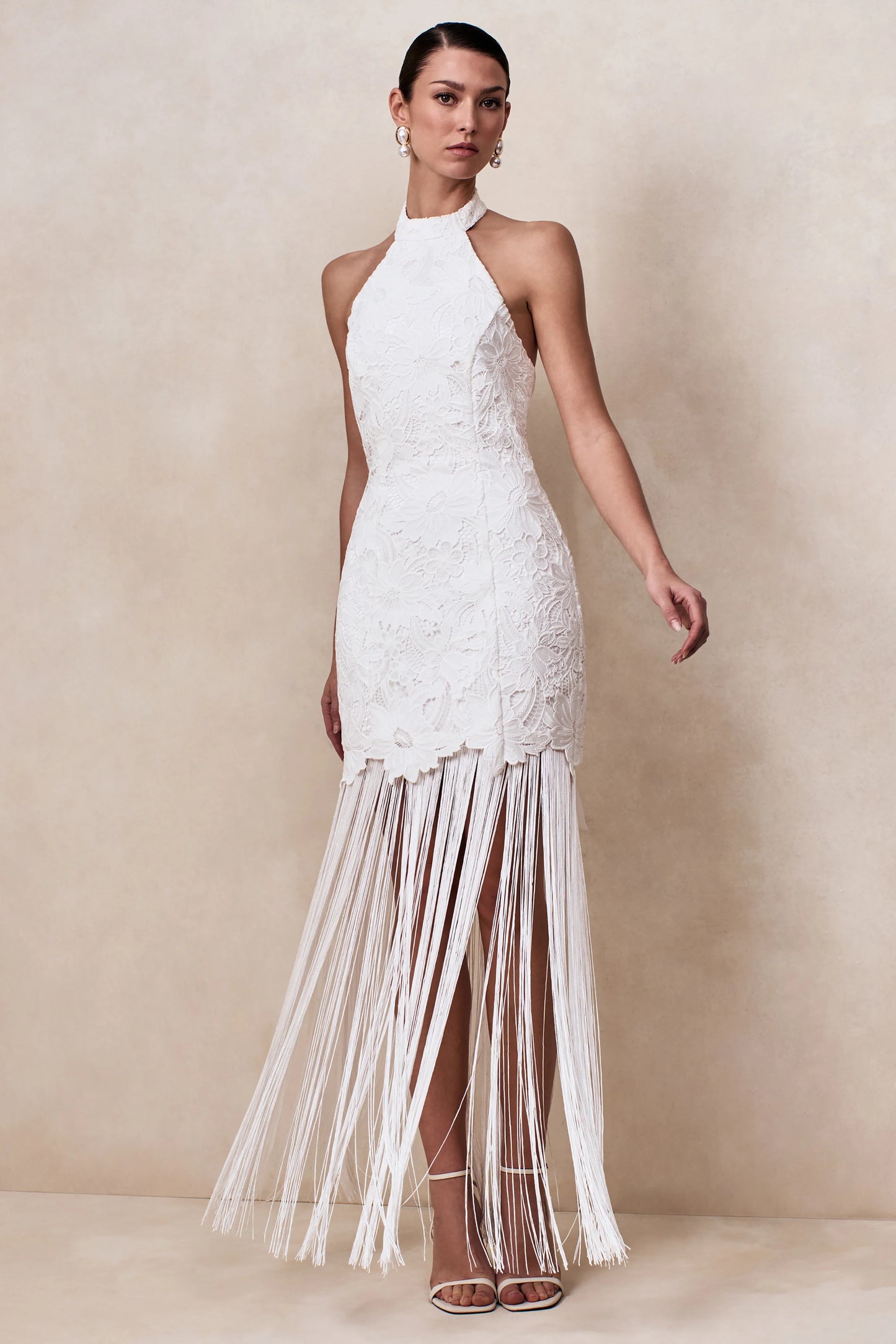 Skylar White Lace Halter-Neck Maxi Dress With Open-Back And Bow Detail