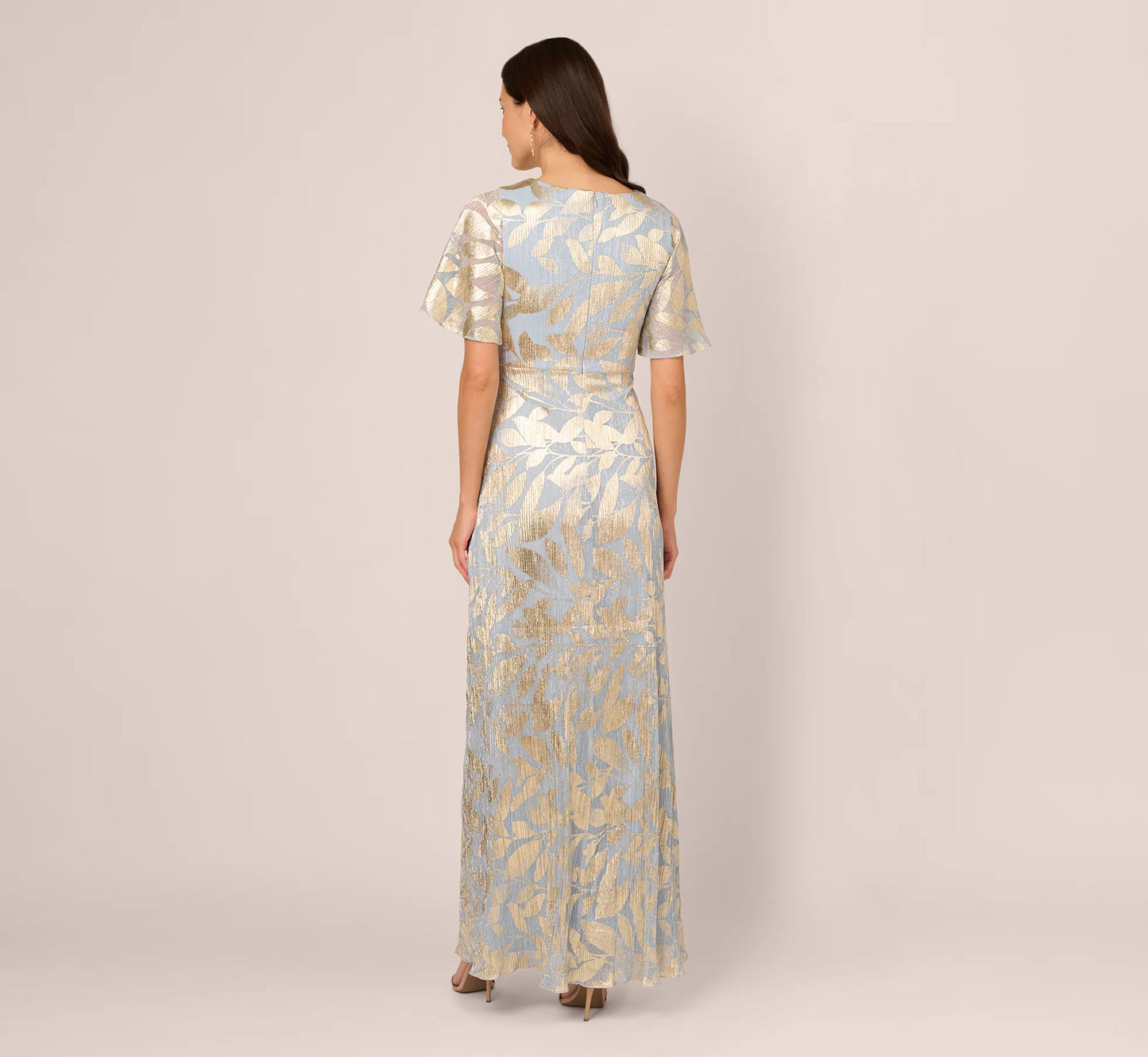 Foil Leaf Short Sleeve Gown With Draped Details In Light Blue Gold