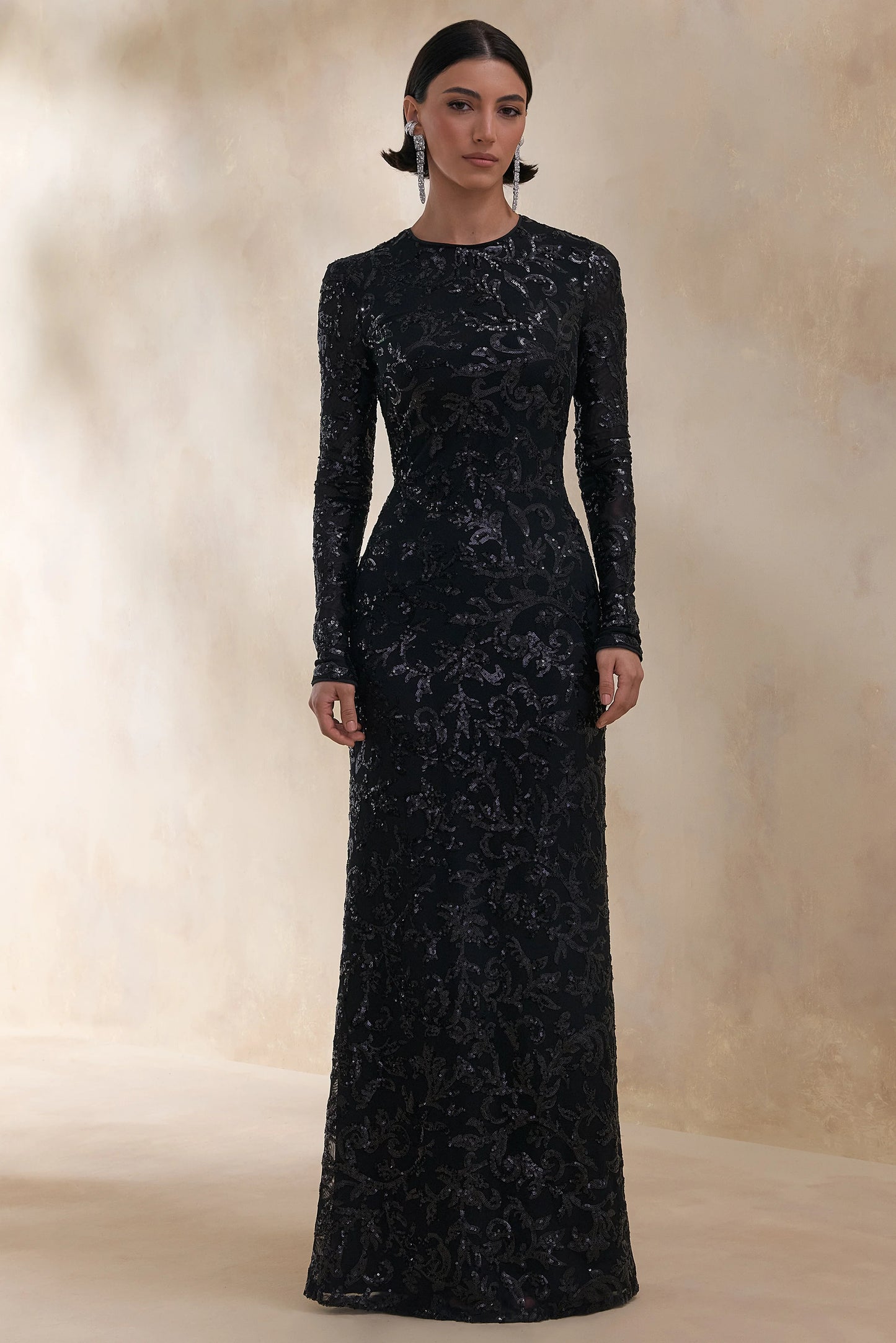 Stellar Black Embellished Lace High-Neck Maxi Dress With Long Sleeves