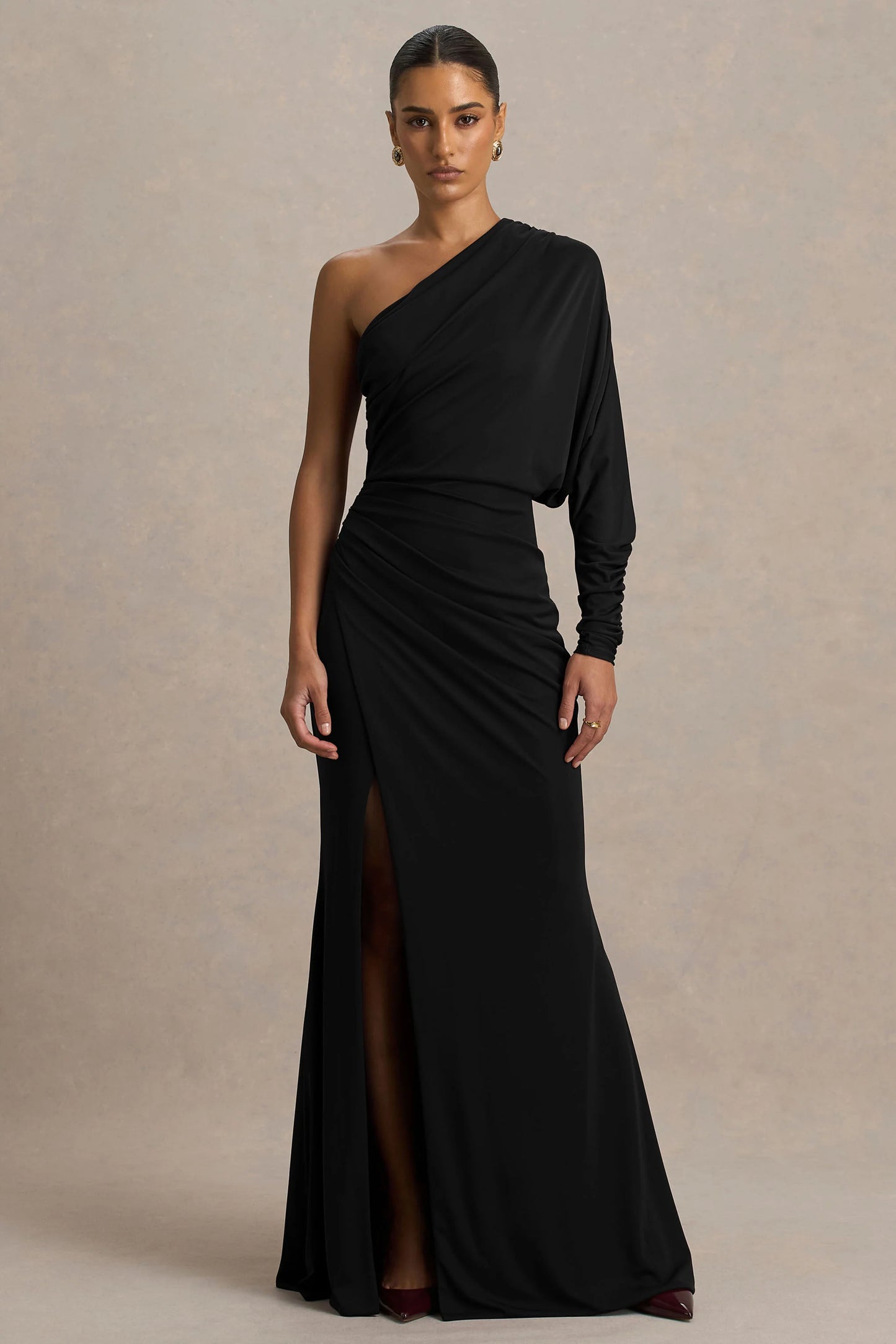 Lola Black Asymmetric-Neck Maxi Dress With Ruched Detailing And Front High-Split
