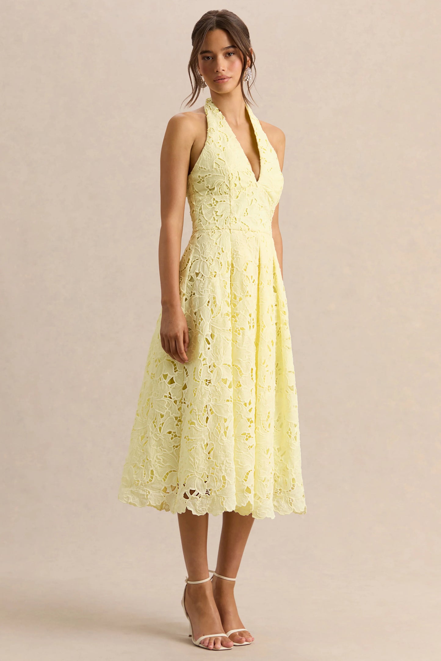Maribel Lemon Lace Plunge-Neck Midi Dress
