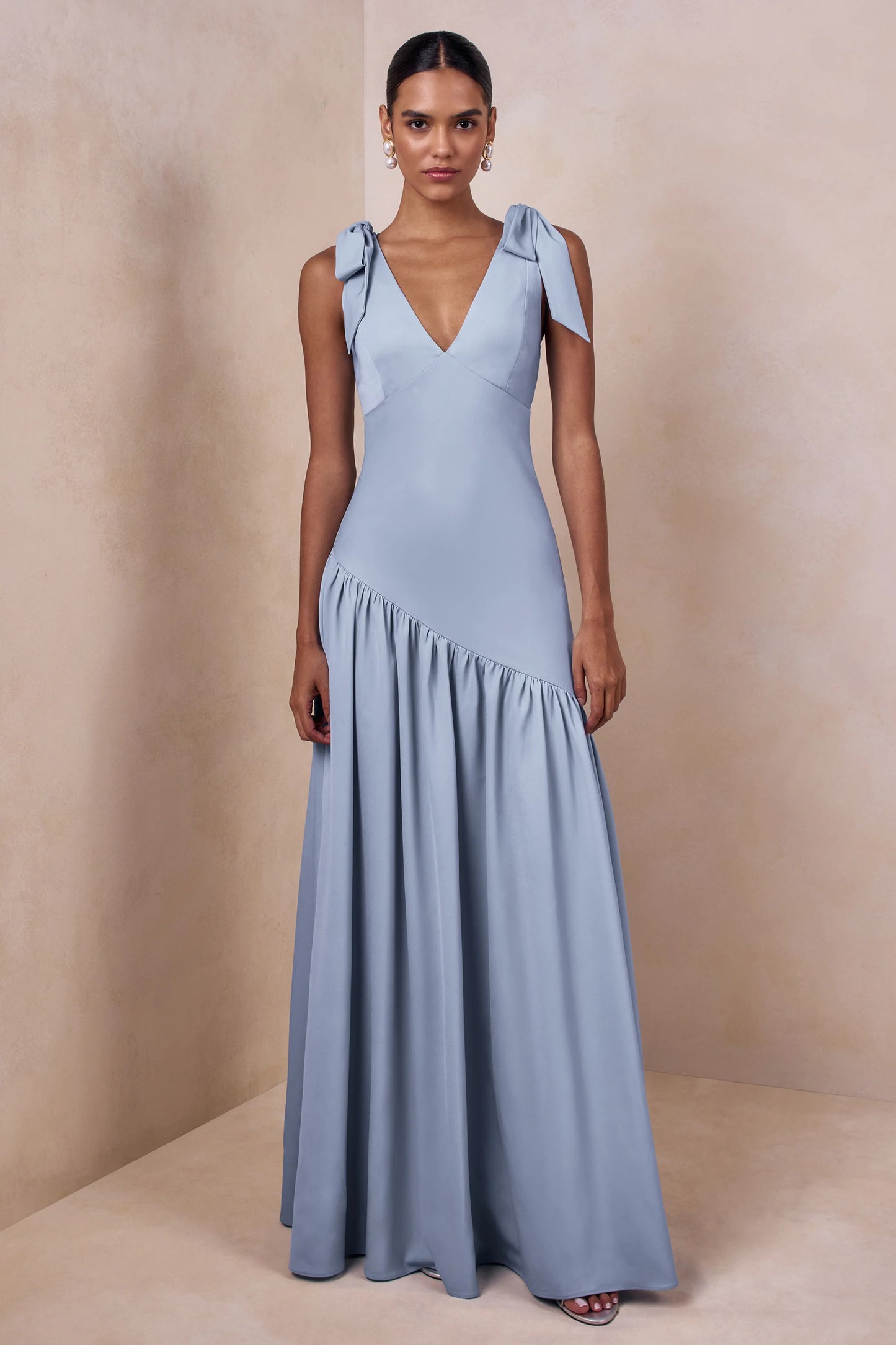 Cala Powder Blue Matte Satin Plunge-Neck Maxi Dress With Bow-Sleeves