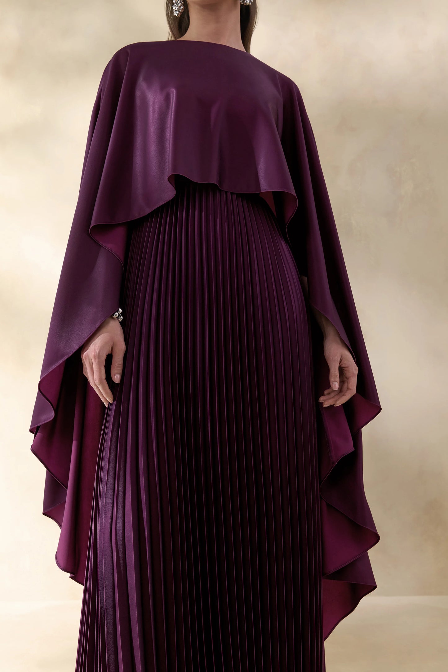 Loradia Dark Plum Satin Round-Neck Maxi Dress With Cape-Sleeves And Pleated-Skirt