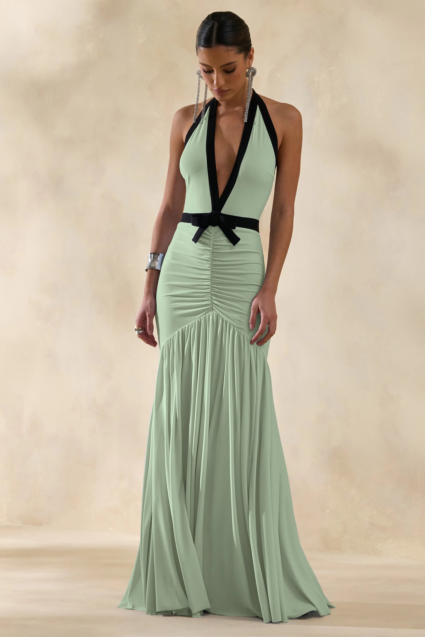 Cosmina Mint Plunge-Neck Maxi Dress With Bow-Detail