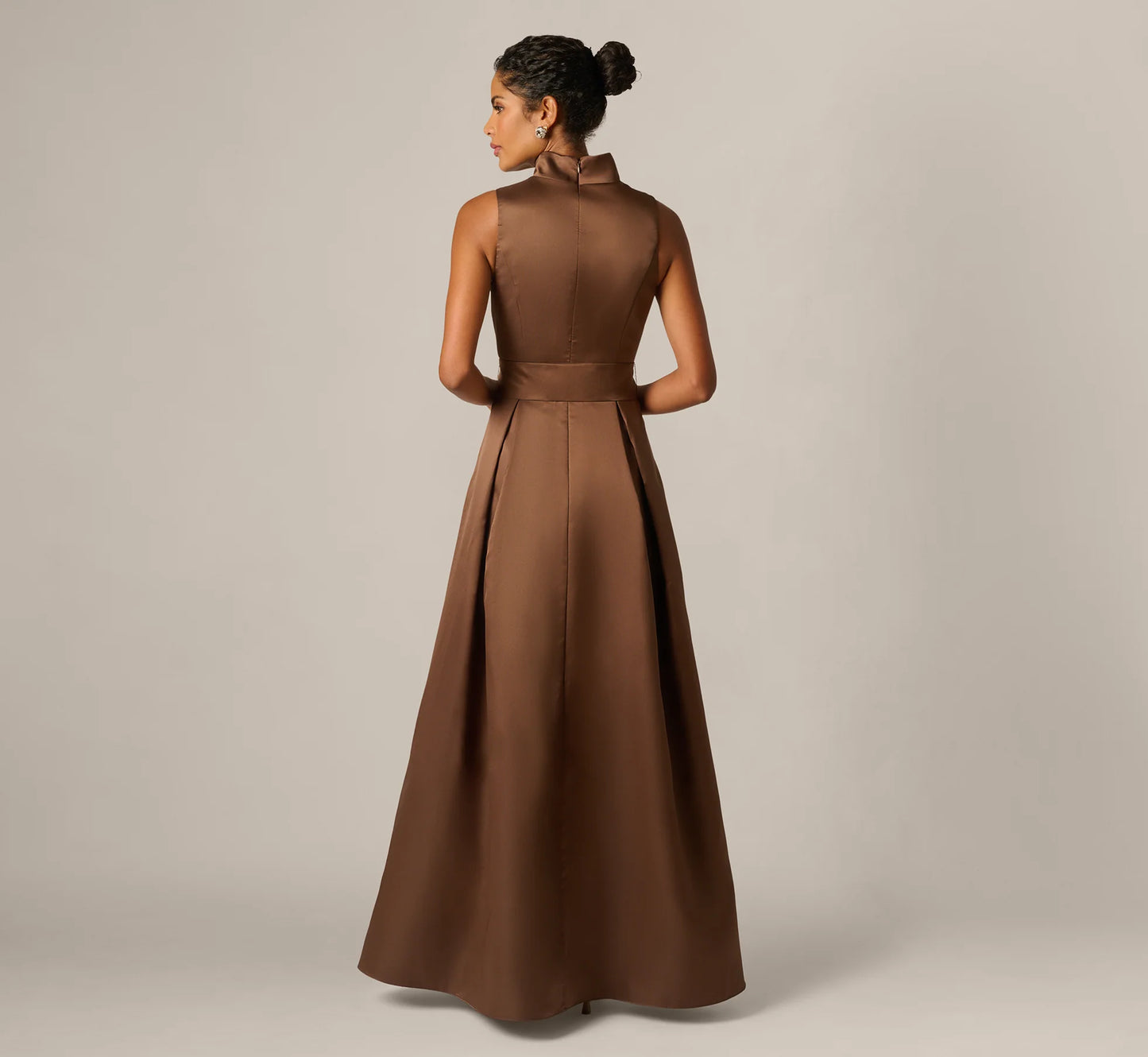 Sleeveless Queen Anne Tie Front Ballgown In Espresso