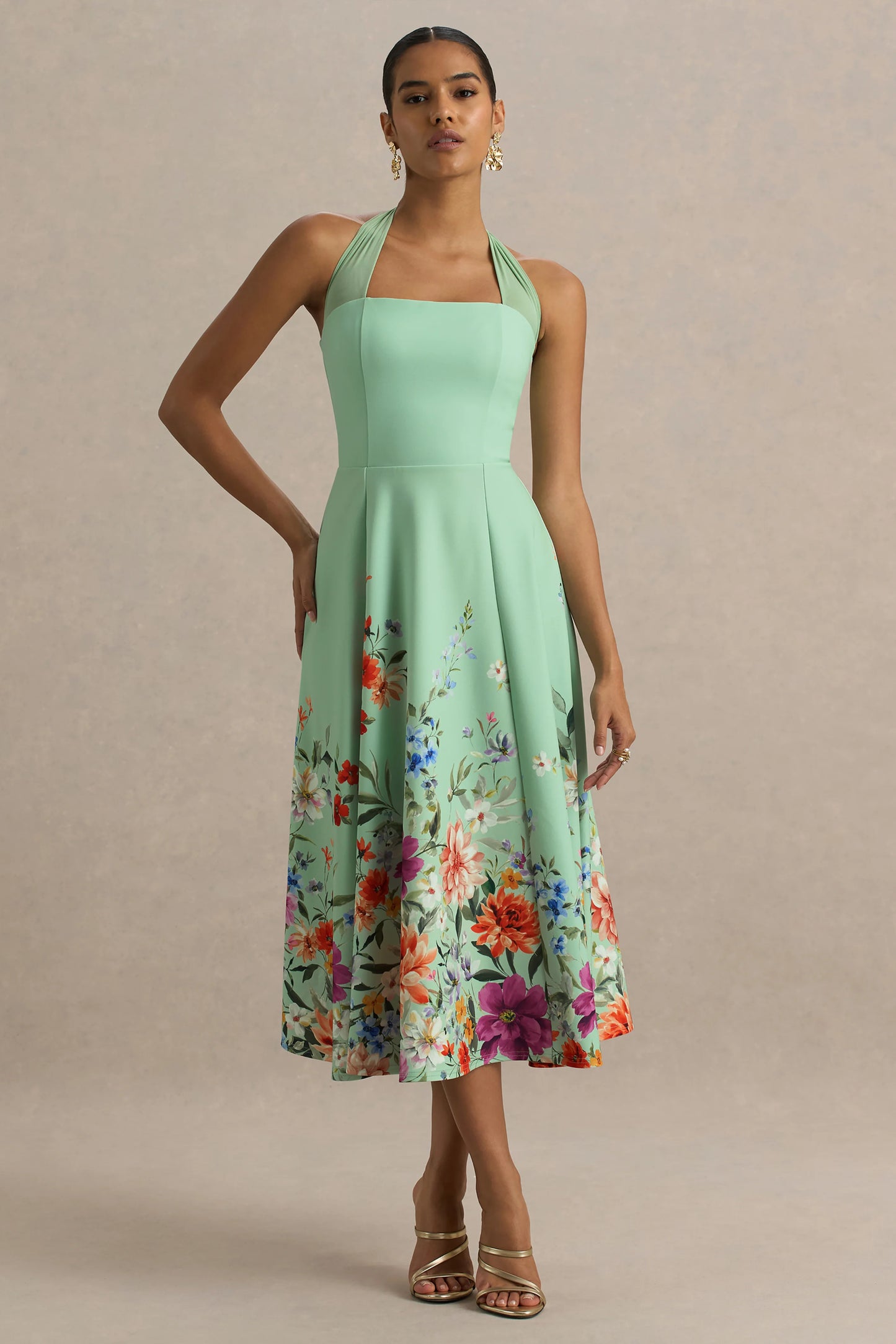 Auburn Mint Placement Floral Halter-Neck Midi Dress