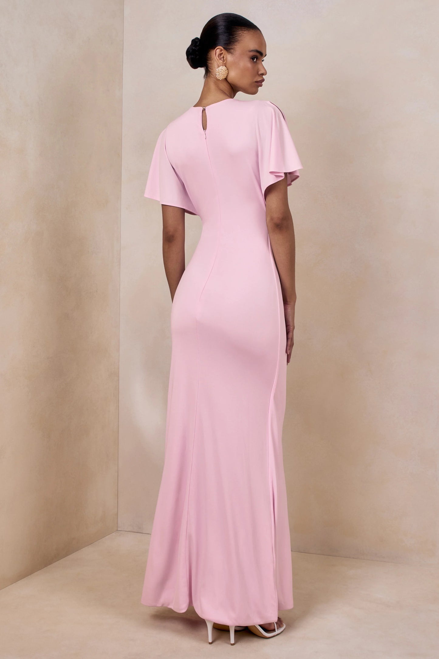 Grandeur Pale Pink High-Neck Ruched Maxi Dress
