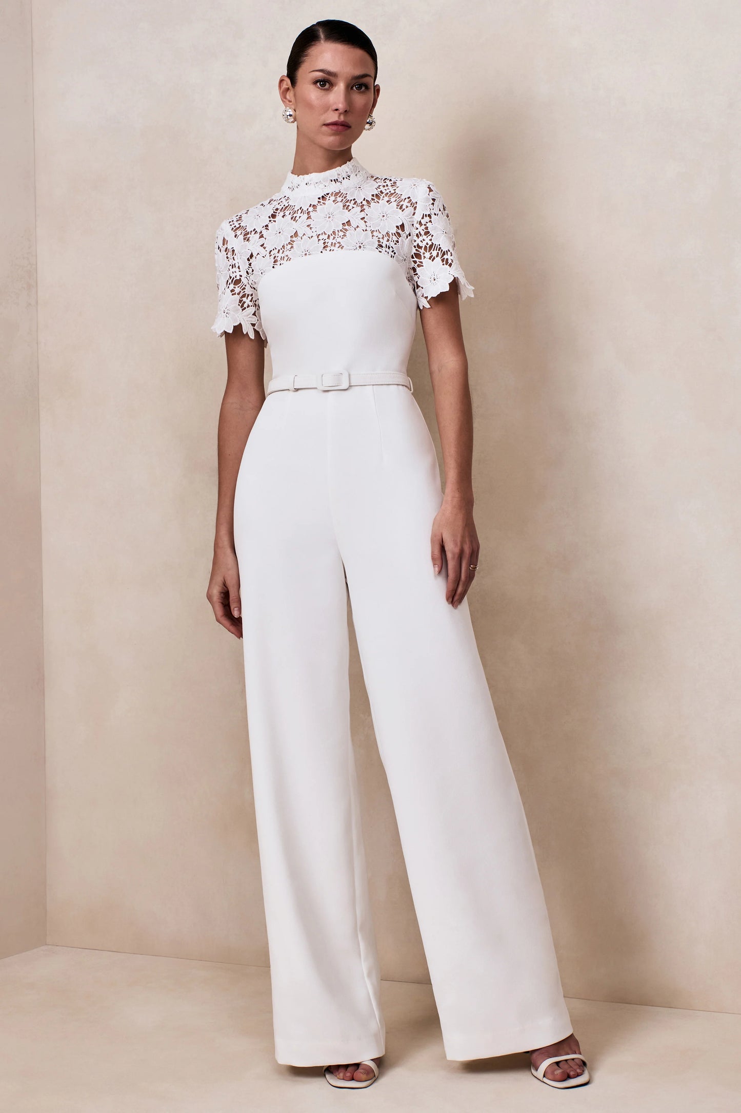 Liliana White High-Neck Jumpsuit With Lace Detailing