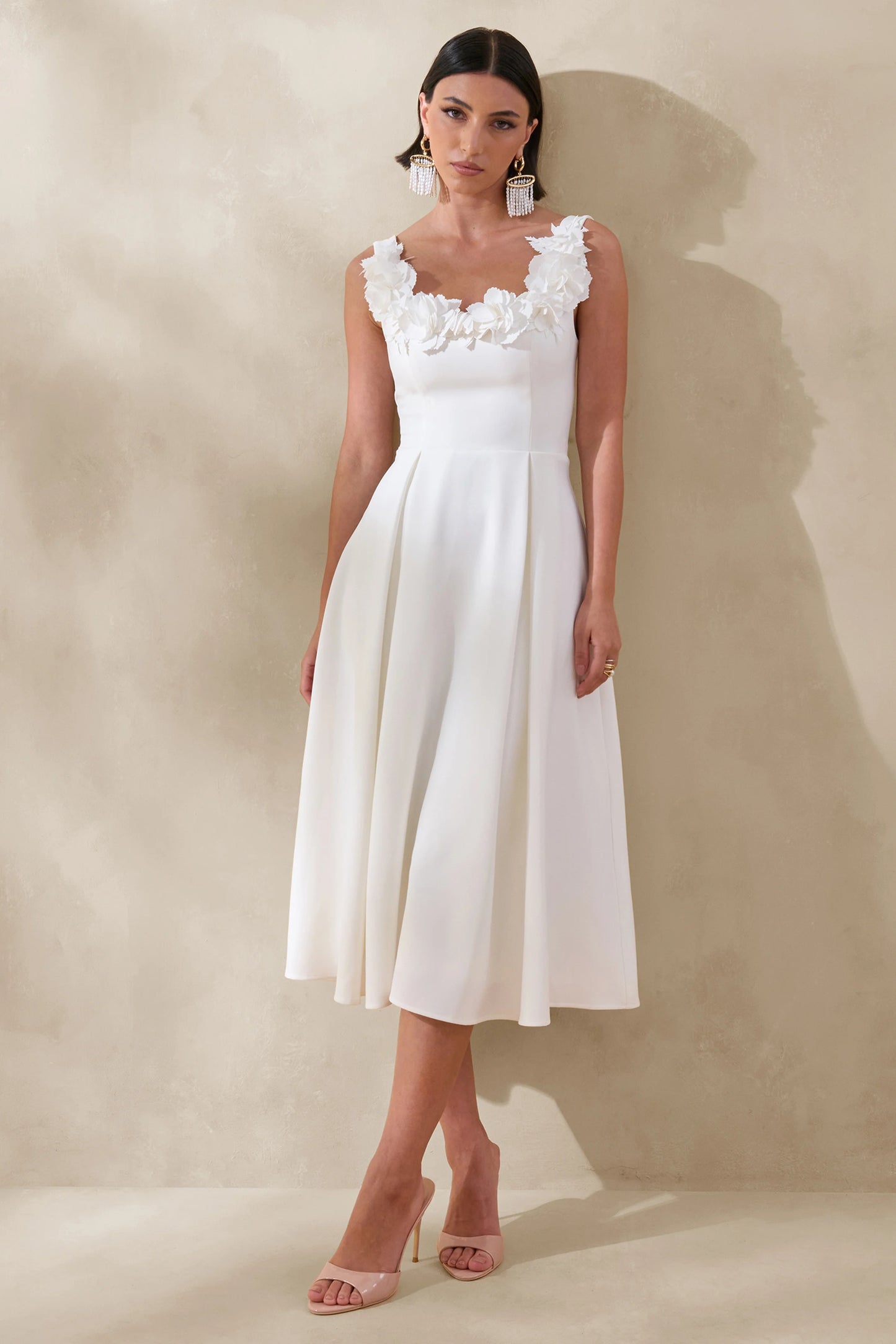 Maelle White Scoop-Neck Midi Dress With Corsage Detailing