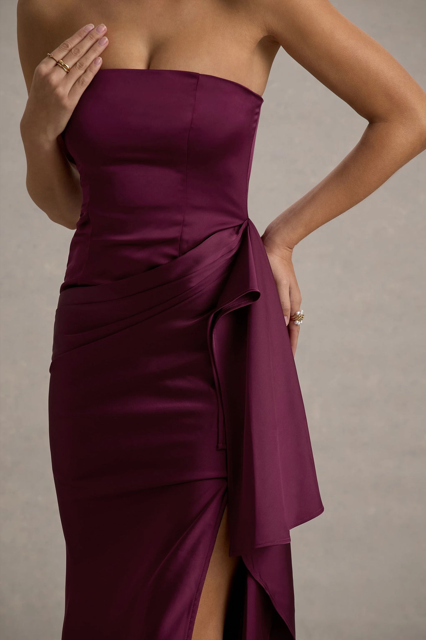 Loz Burgundy Satin Bandeau Draped Maxi Dress