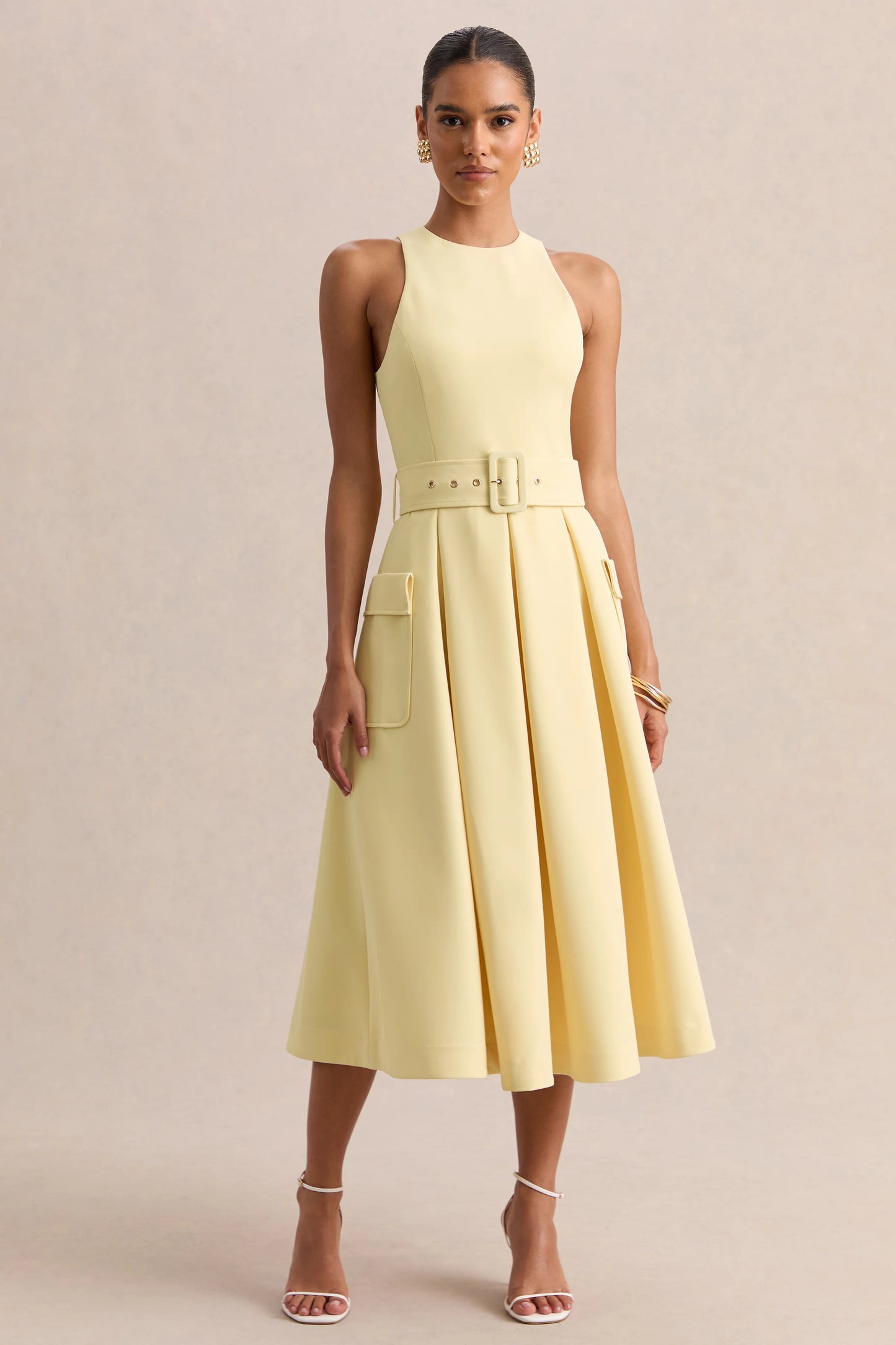 Magnora Lemon Crew-Neck Belted Midi Dress