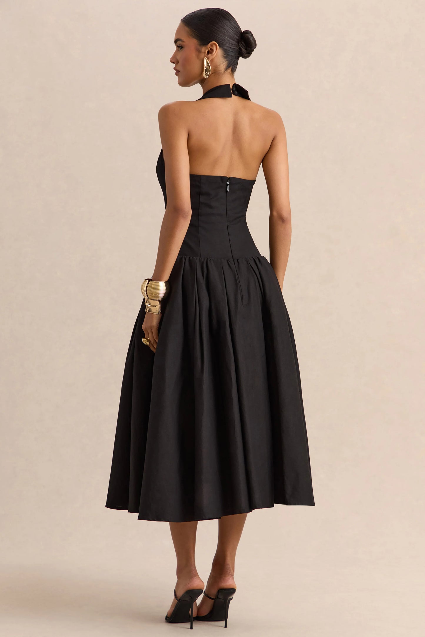 Ella Black Plunge-Neck Midi Dress With Drop-Waist