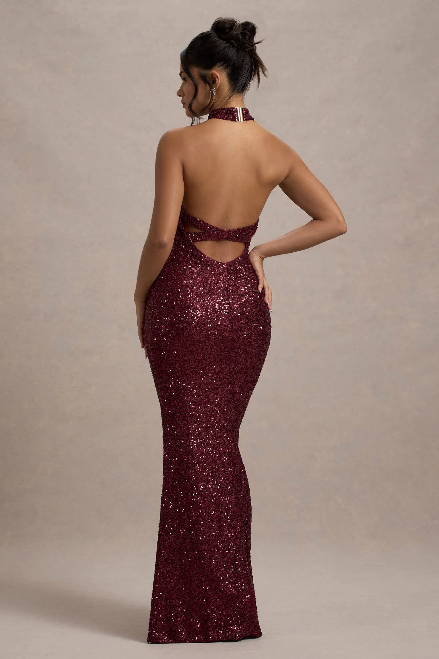 On The Rise Berry Sequin High-Neck Strappy-Back Split Maxi Dress