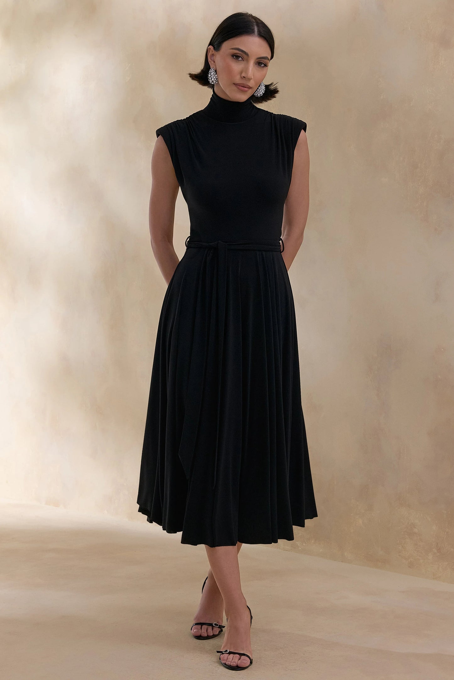 Roselena Black High-Neck Midi Dress