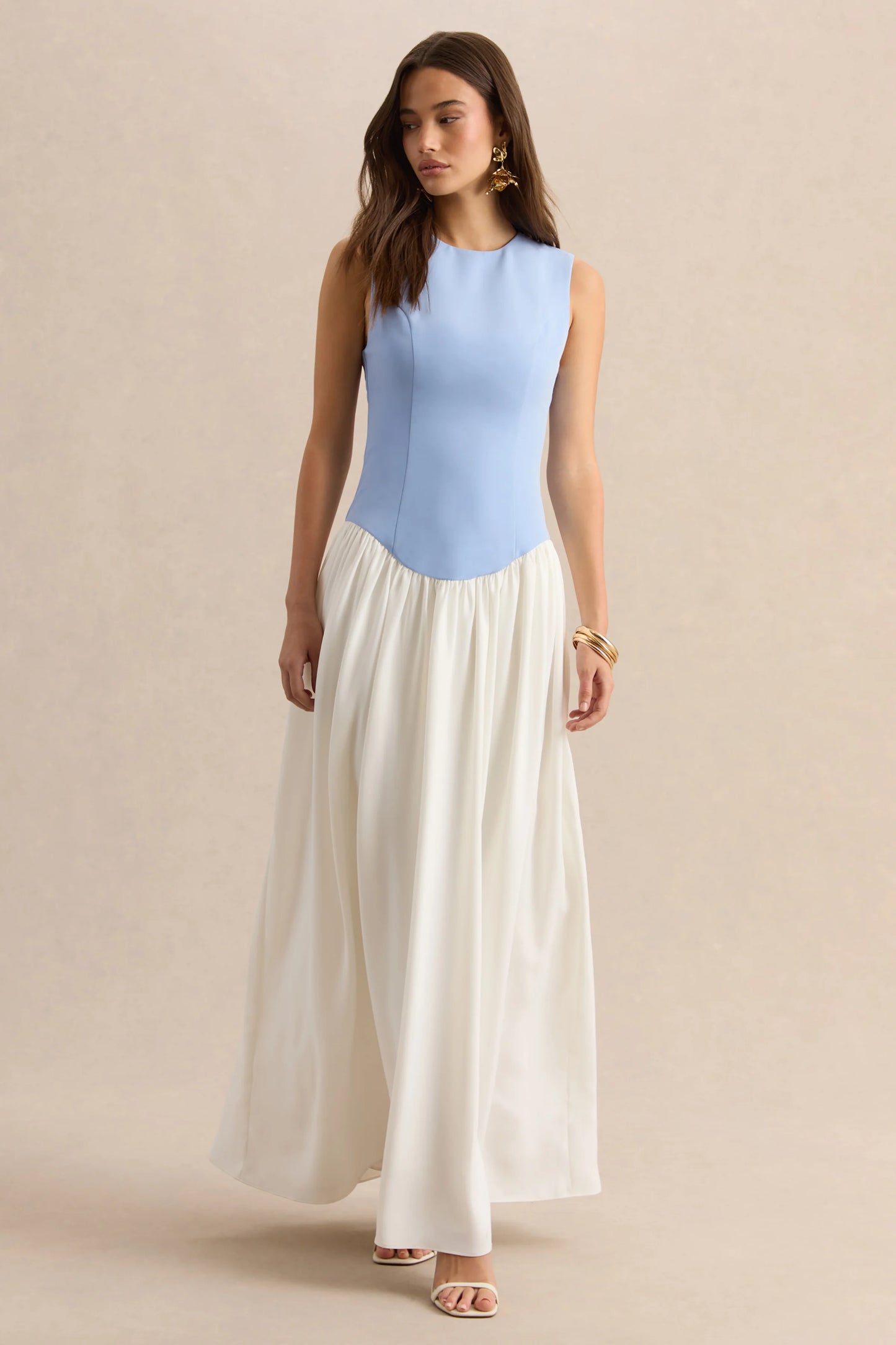 Iliana Powder Blue And White Crew-Neck Maxi Dress With Drop-Waist And Pleated Skirt