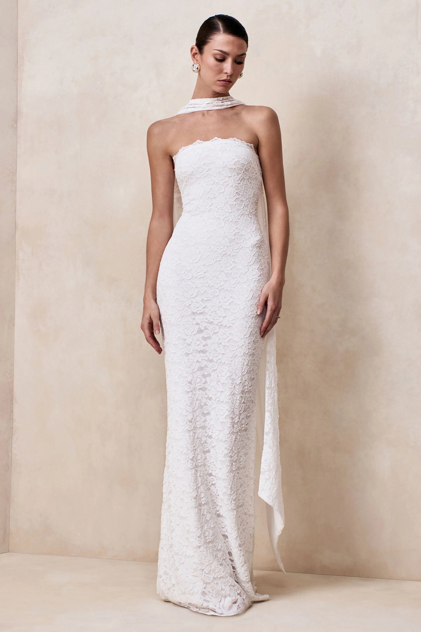 Massima White Lace Bandeau Maxi Dress With Scarf-Detail