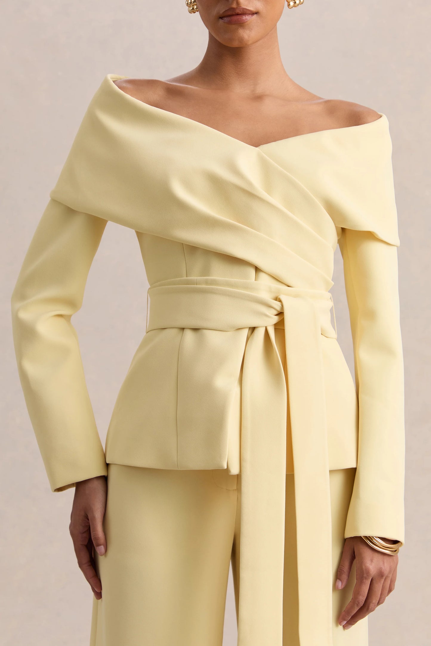 Empress Lemon Bardot-Neck Tailored Top