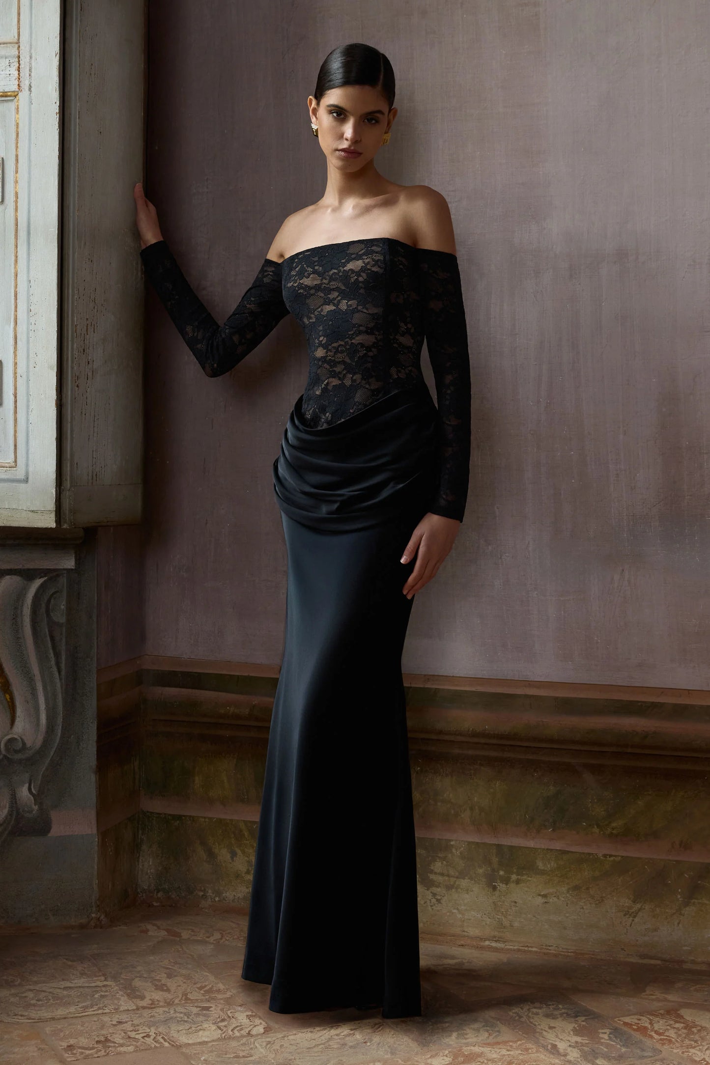 Rinna Black Lace And Satin Bardot-Neck Maxi Dress