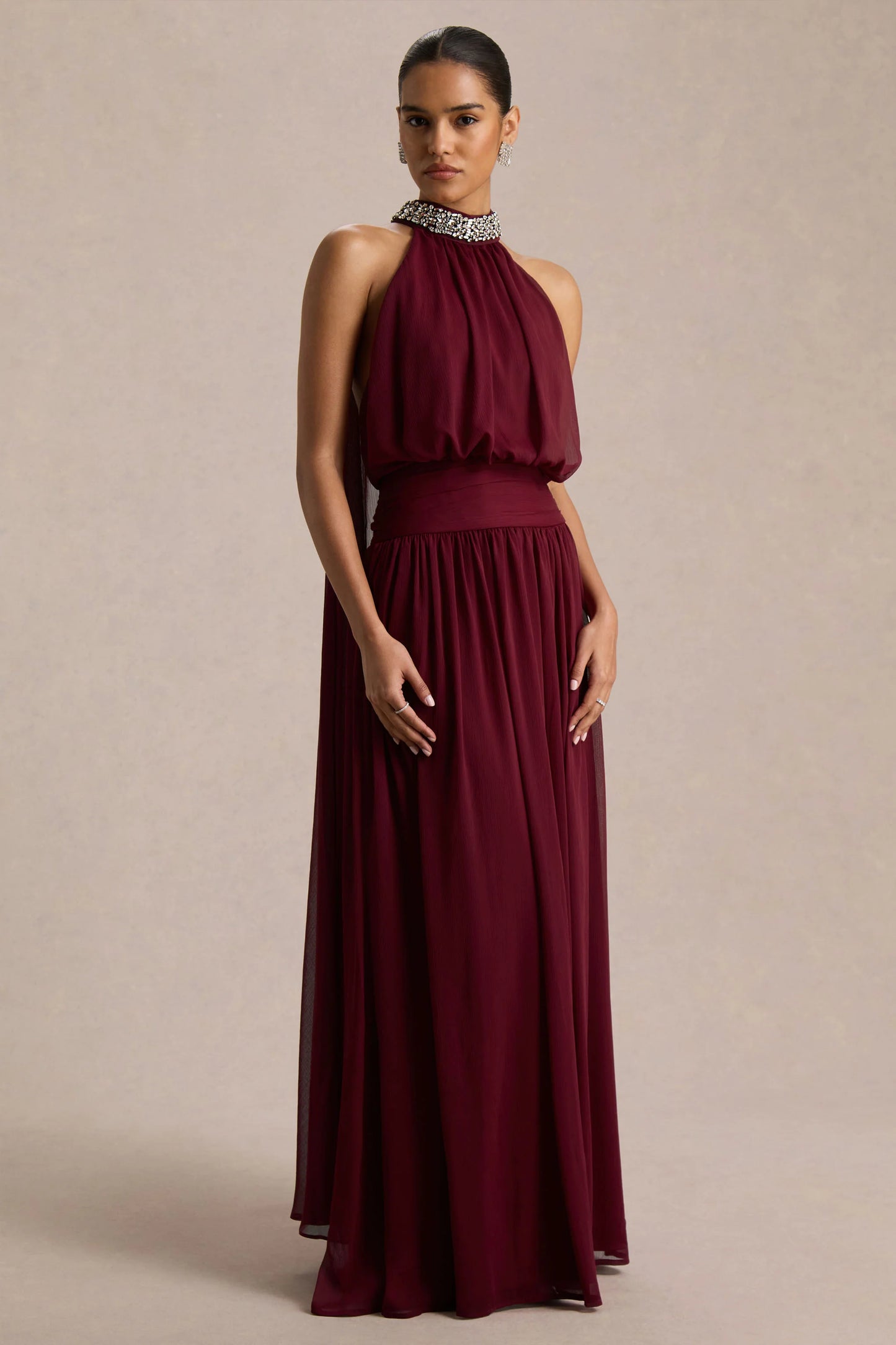 Marie Burgundy Halter-Neck Maxi Dress With Embellished Detailing