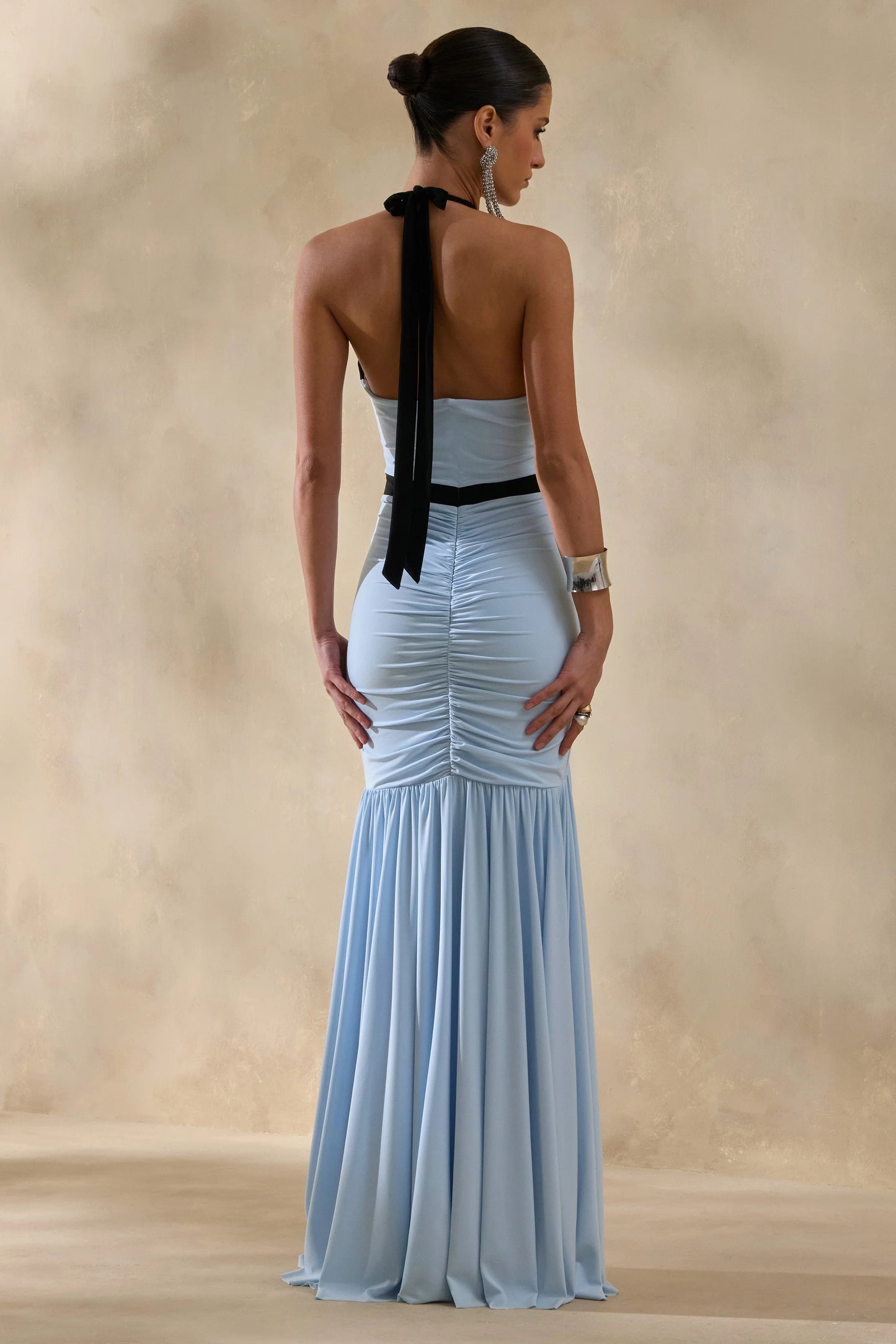 Cosmina Powder Blue Plunge-Neck Maxi Dress With Bow-Detail