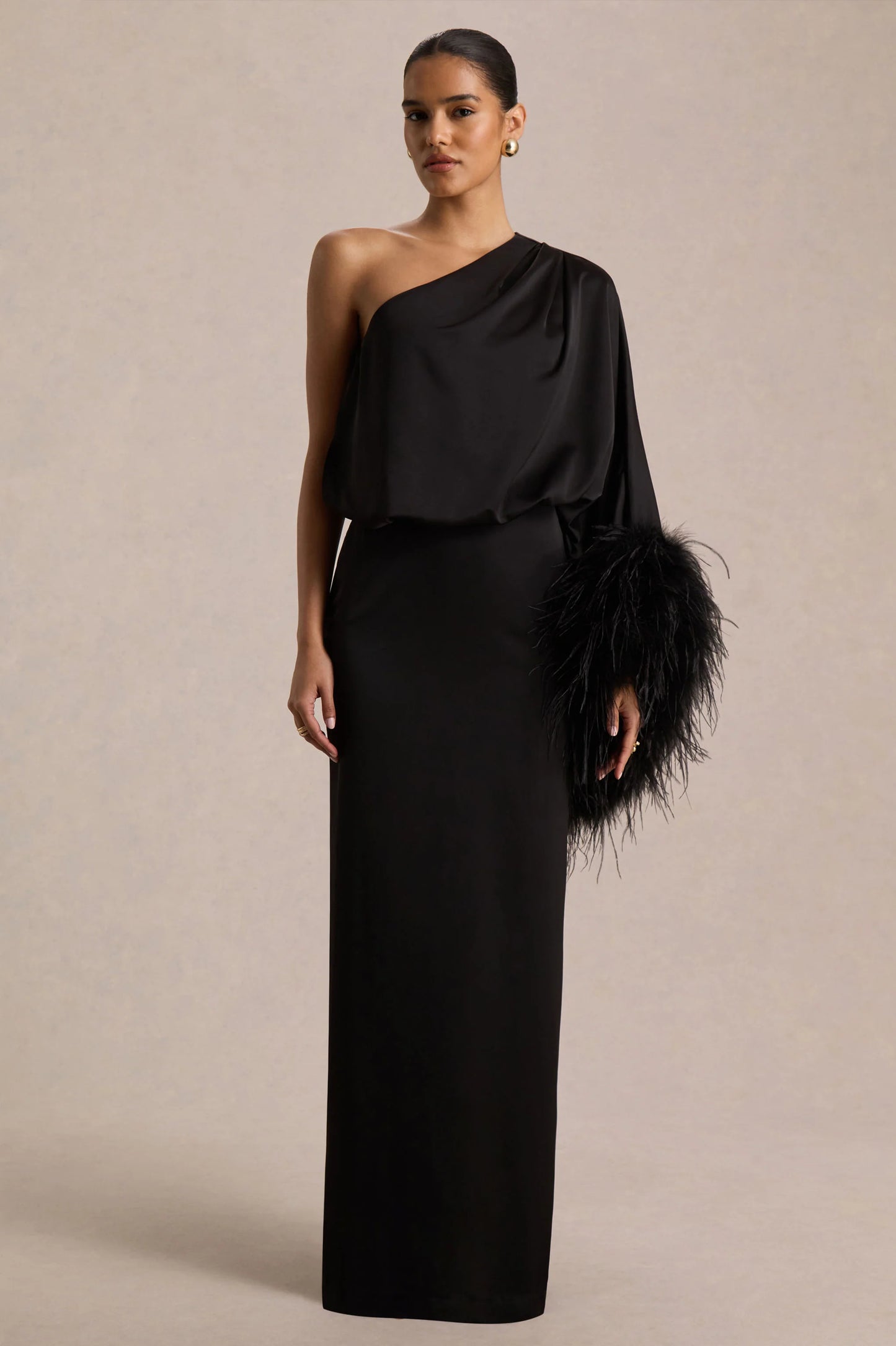 Felicity Black Satin Asymmetric-Neck Maxi Dress With Feather Detailing