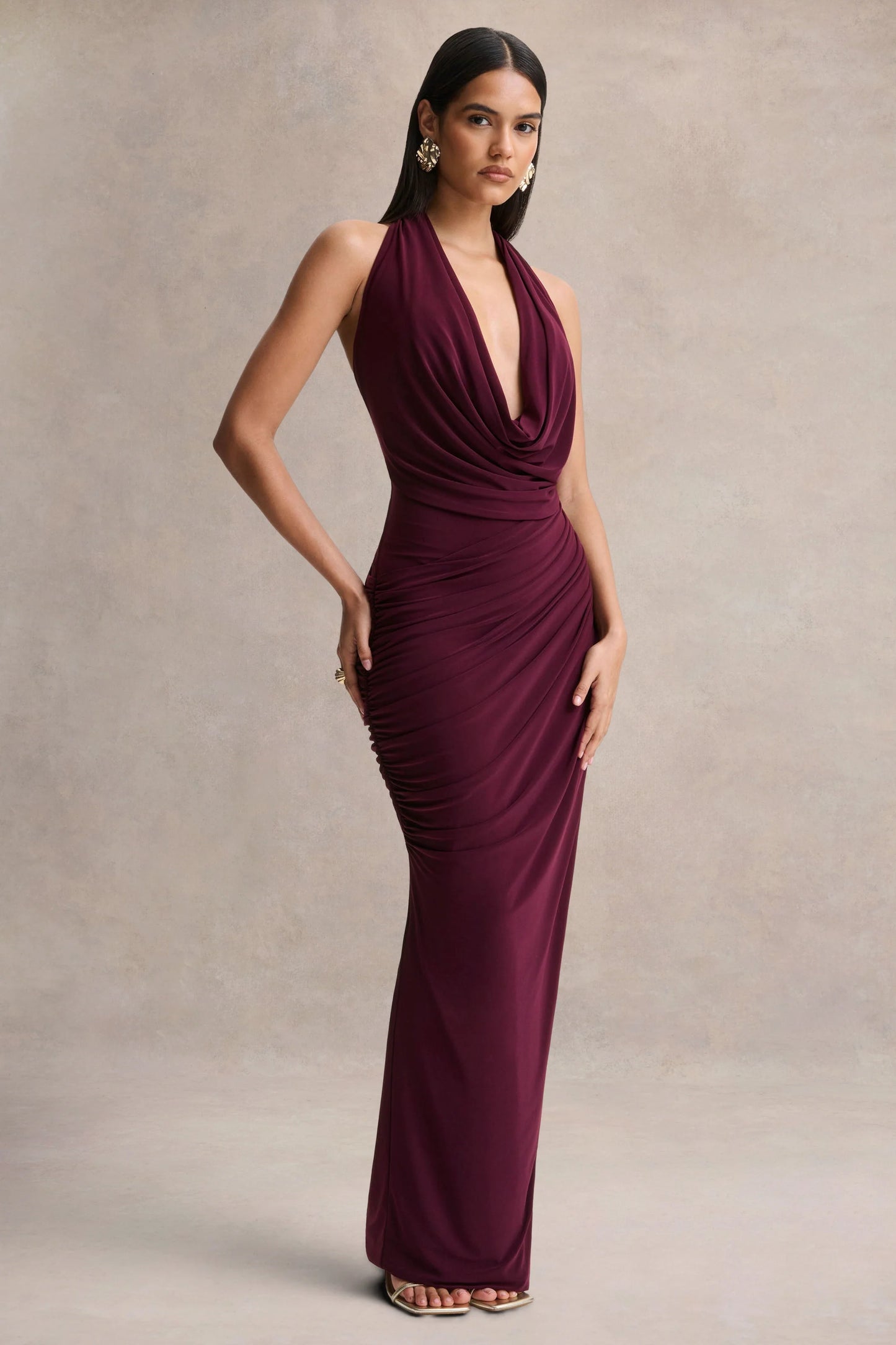 Cairo Burgundy Cowl-Neck Maxi Dress With Gathered Detailing