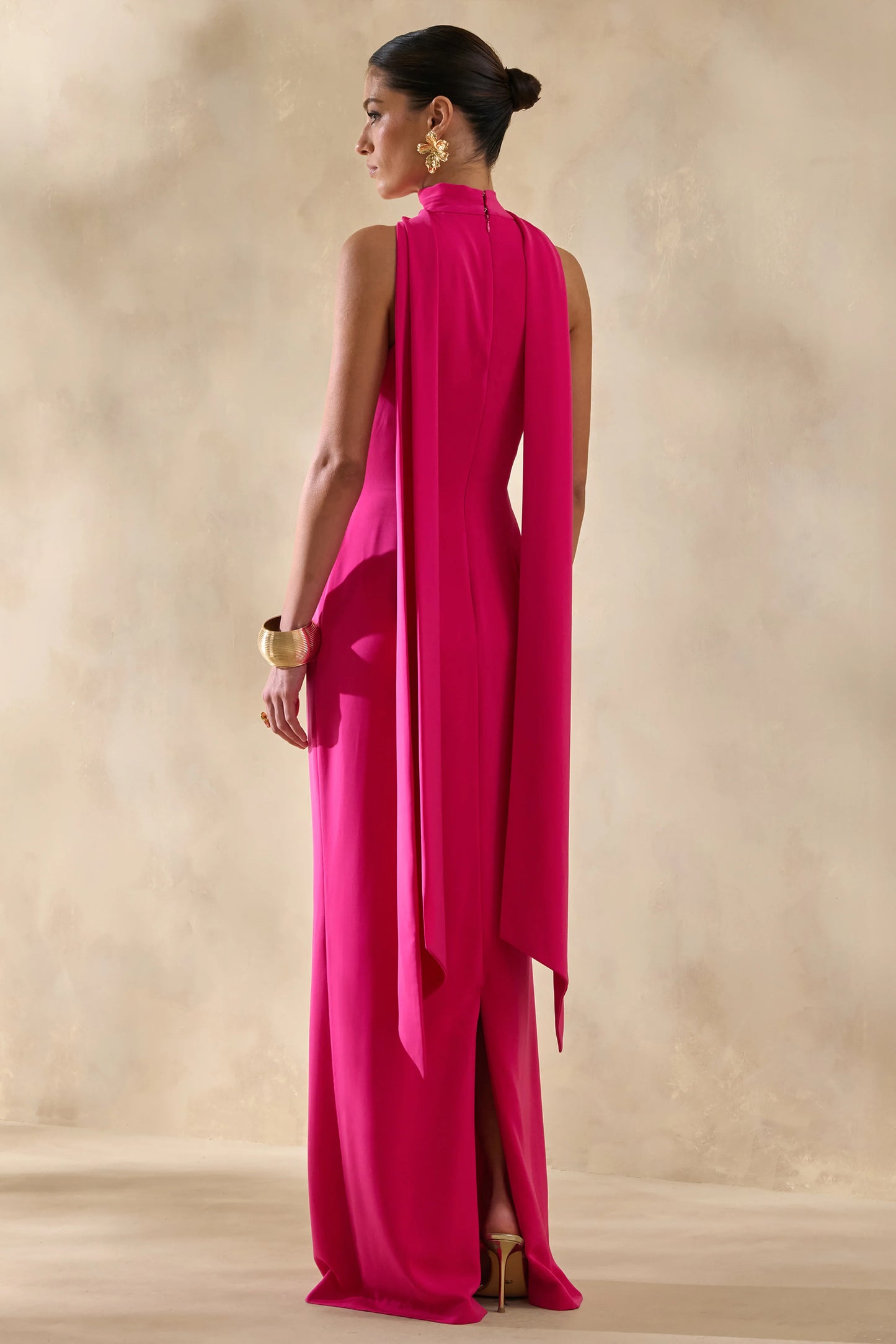 True Icon Hot Pink Satin High-Neck Maxi Slip Dress With Sash