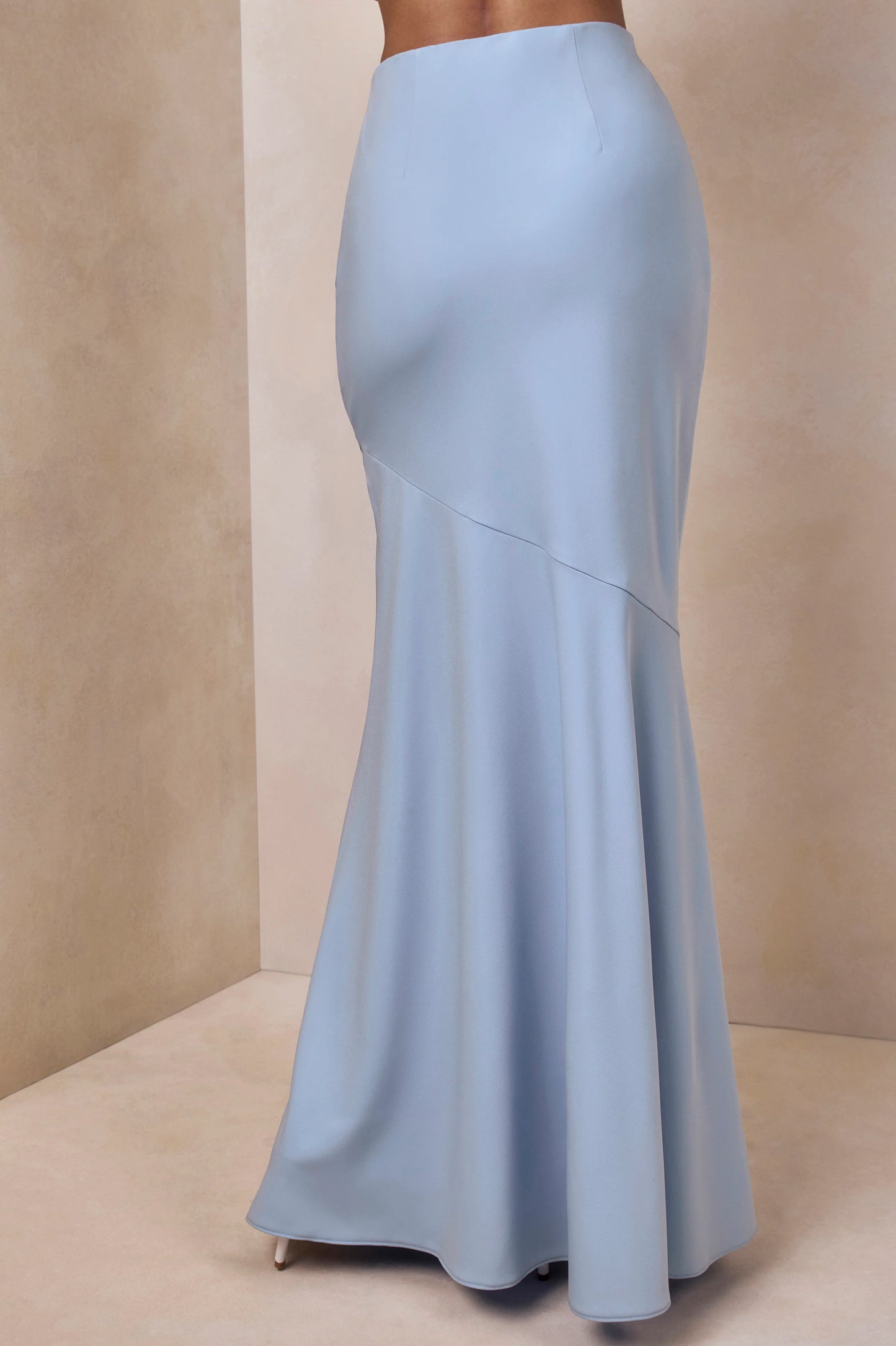 Vayla Powder Blue Matte Satin Asymmetric Drop-Waist Maxi Skirt
