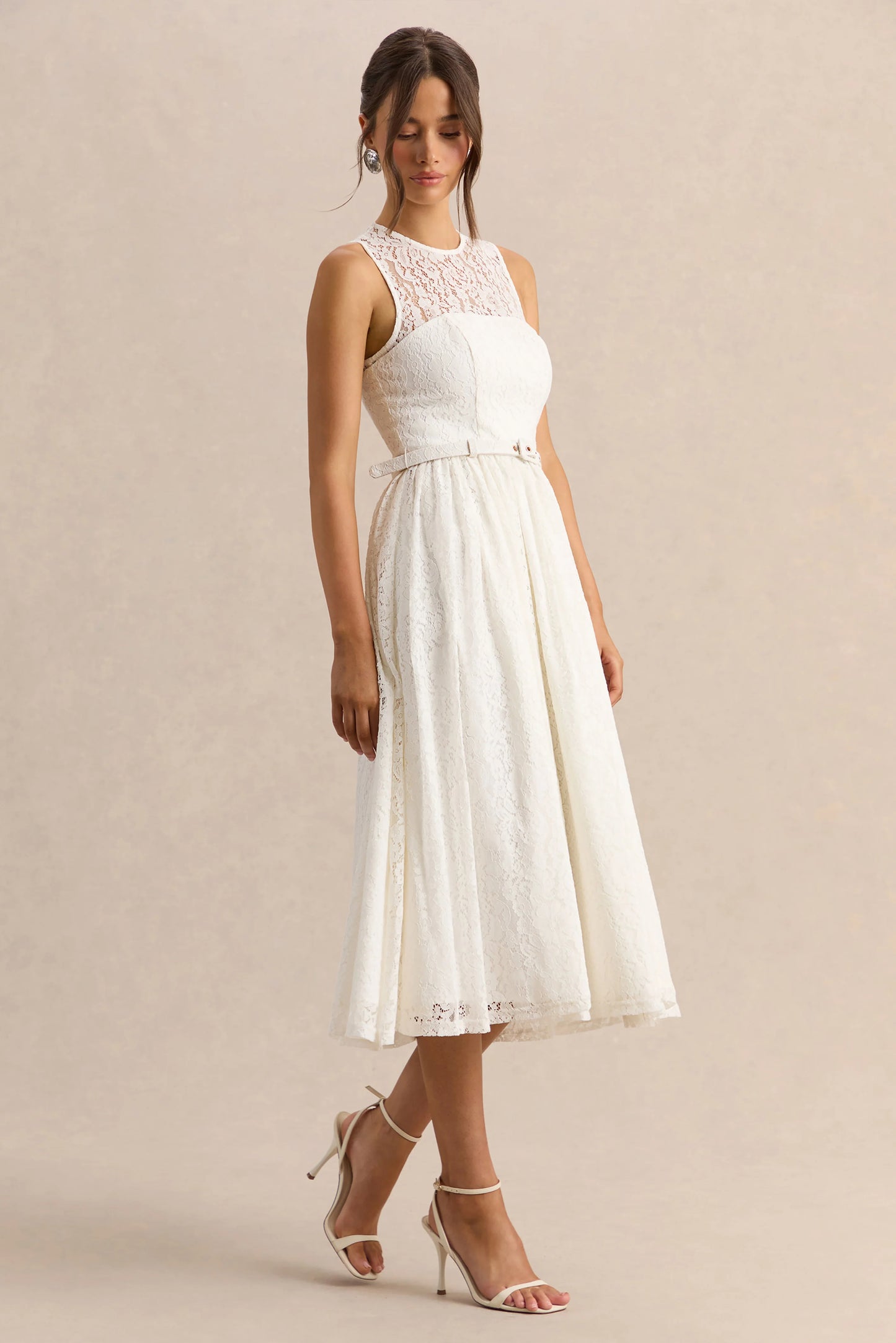 Anabella White Lace Crew-Neck Belted Midi-Dress