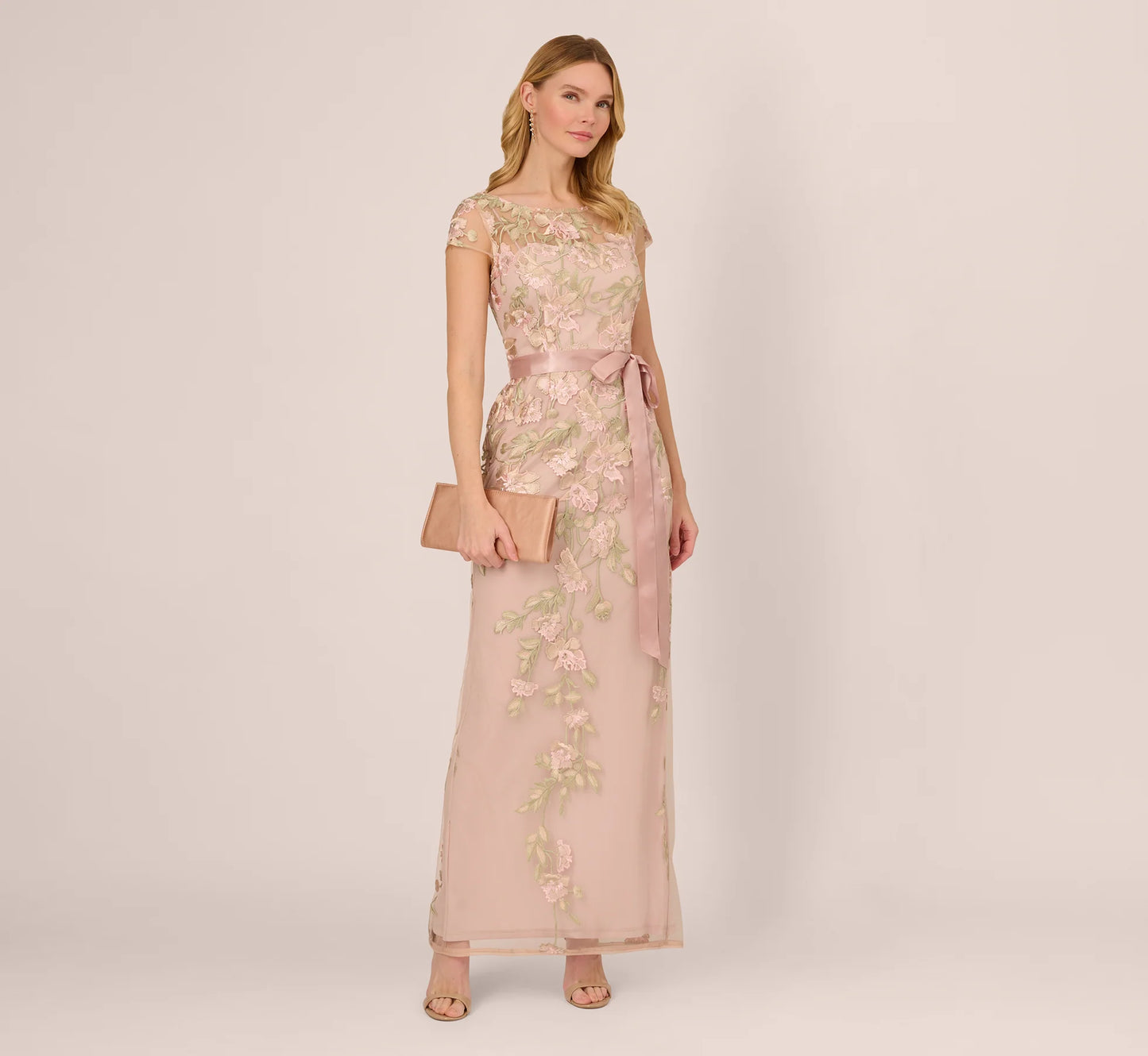 Short Sleeve Floral Embroidered Gown With Ribbon Tie Waist In Blush Nude Multi