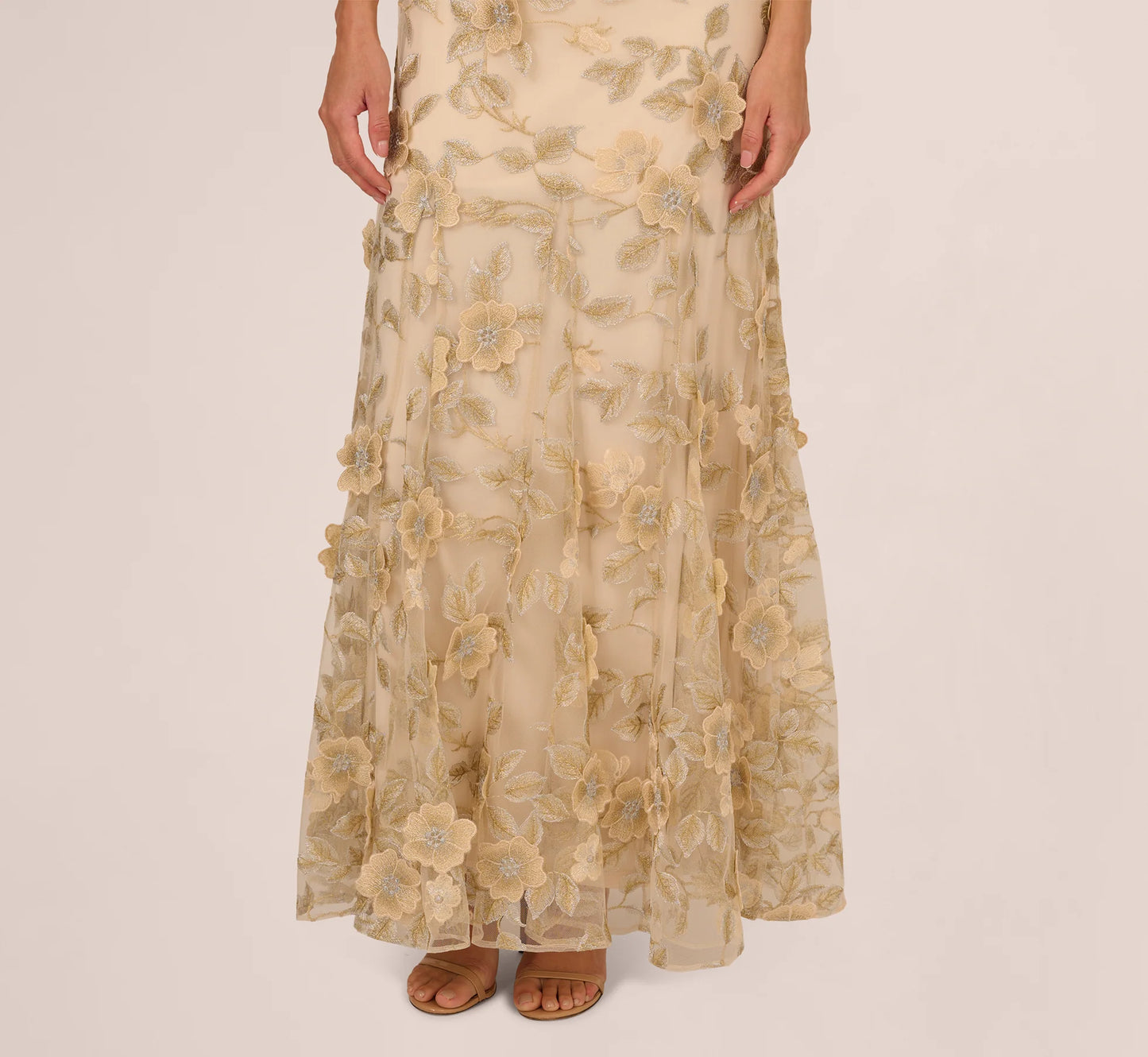 Cap Sleeve Floral Embroidered Illusion Godet Gown In Champagne