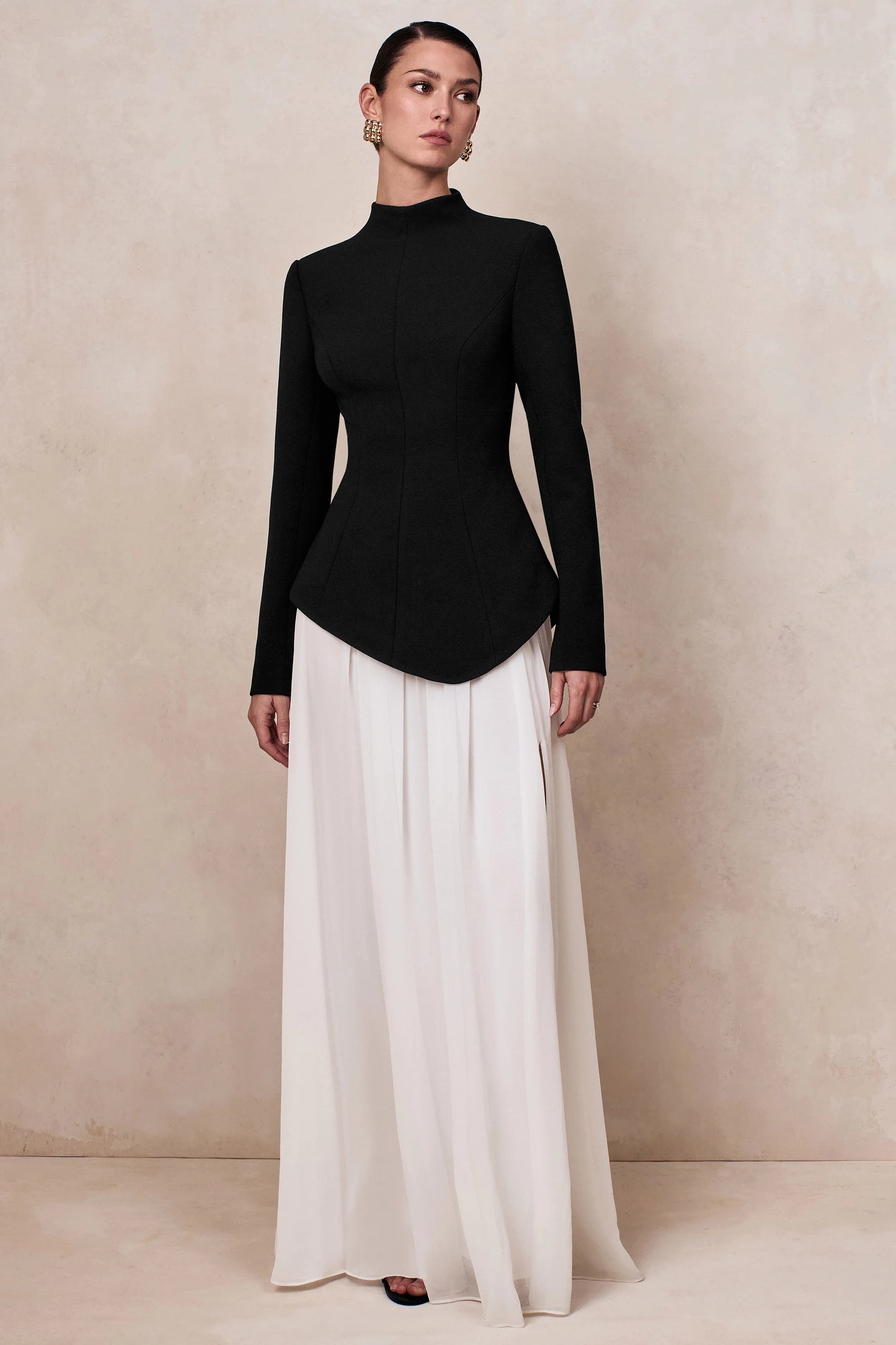 Halma Black & White High-Neck Maxi Dress With Drop-Waist