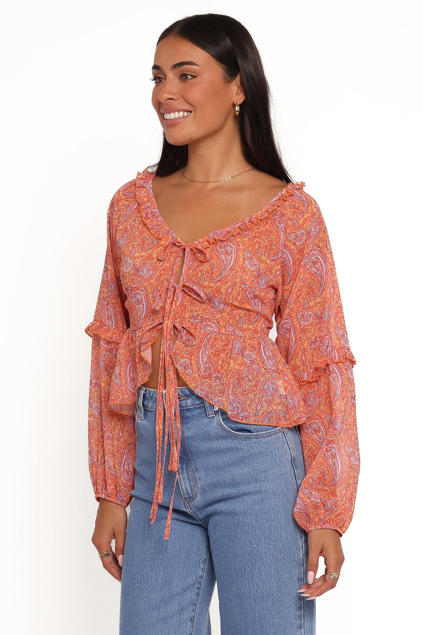 Isolt Tie Front Top - Orange Paisley