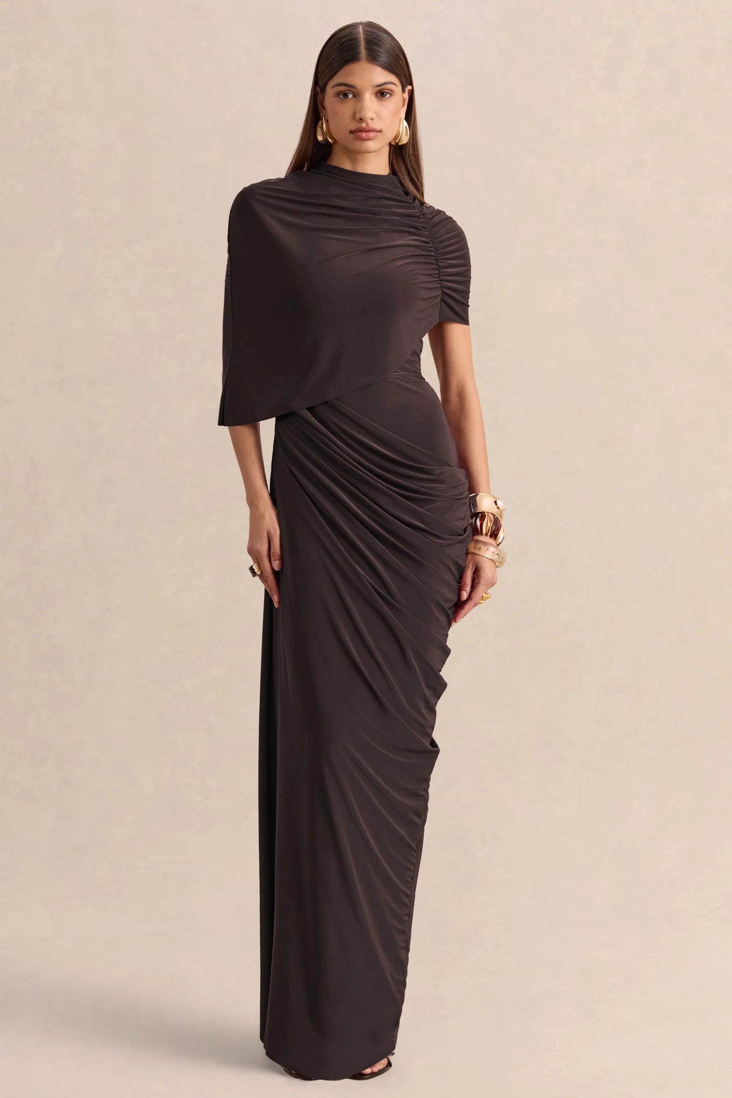 Lunaline Brown High-Neck Maxi Dress With Asymmetric Cape And Draped-Detailing