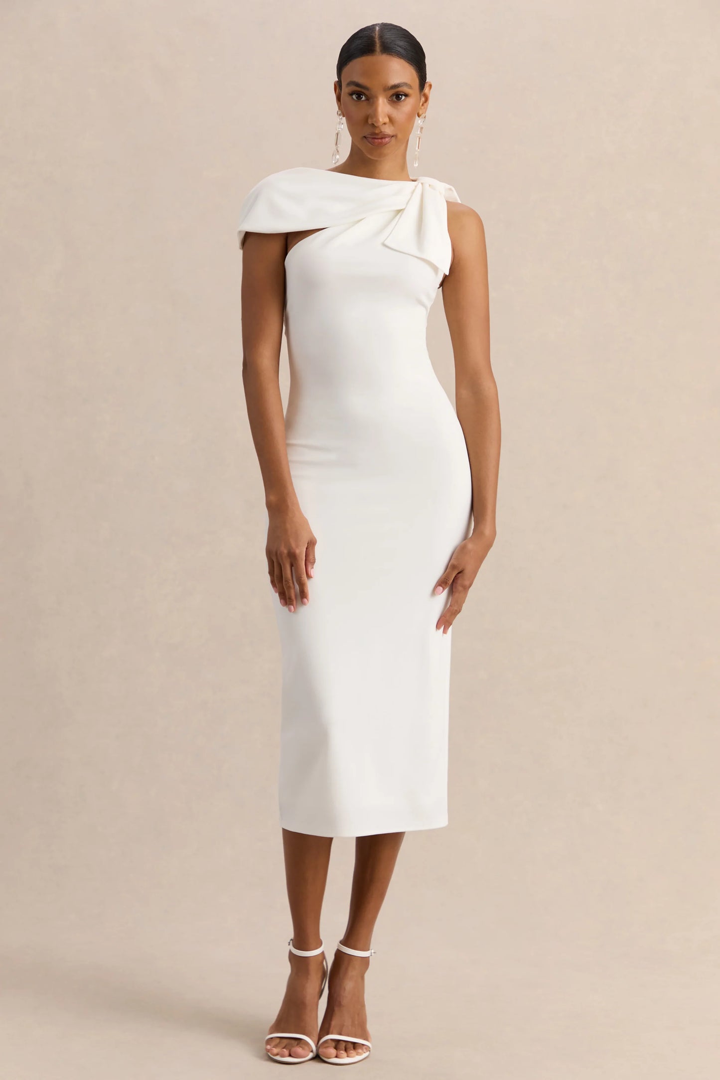 Clarina White Asymmetric-Neck Midi Dress With Bow-Detail