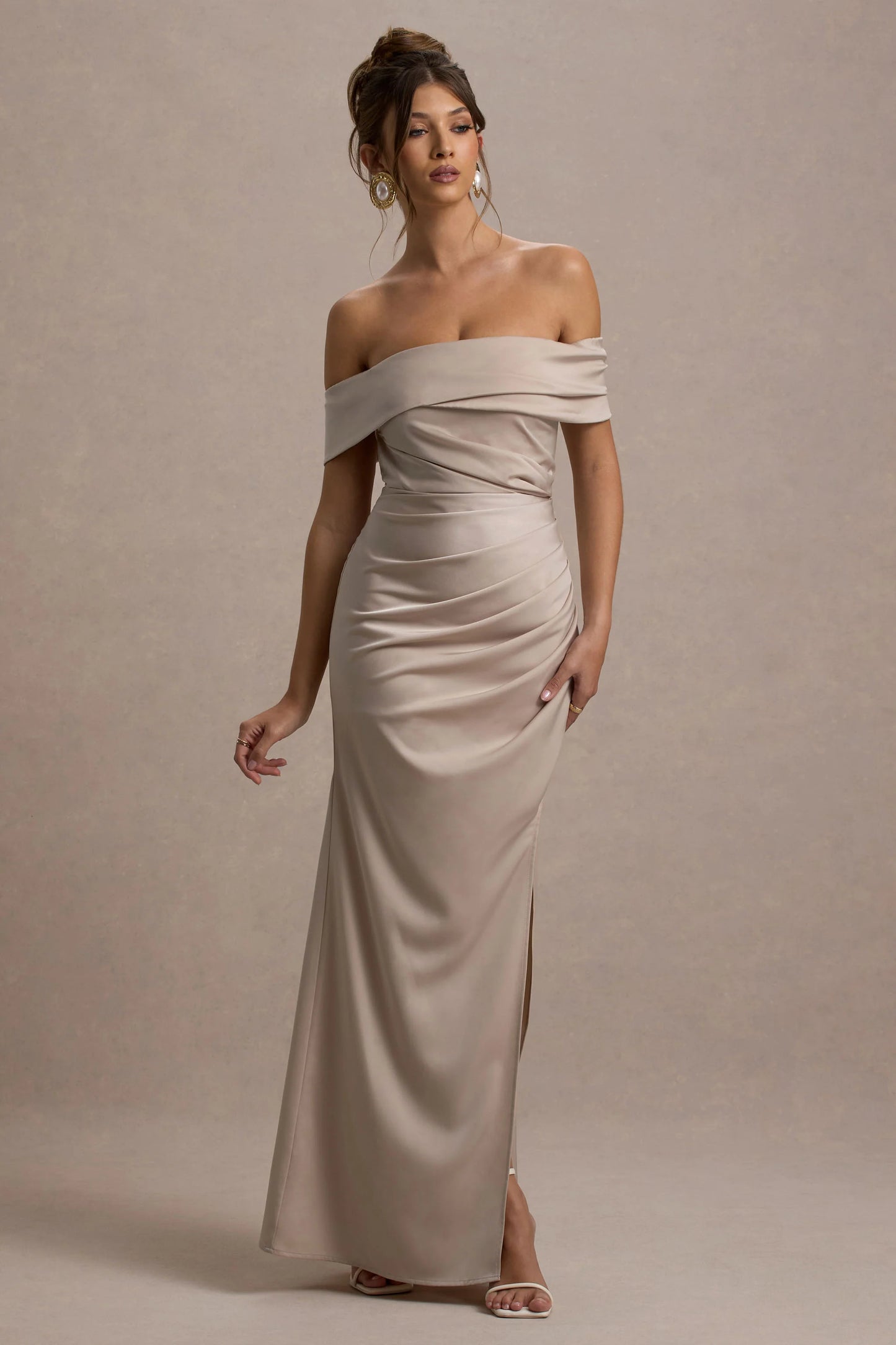 Martine Champagne Satin Bardot Wrap Maxi Dress