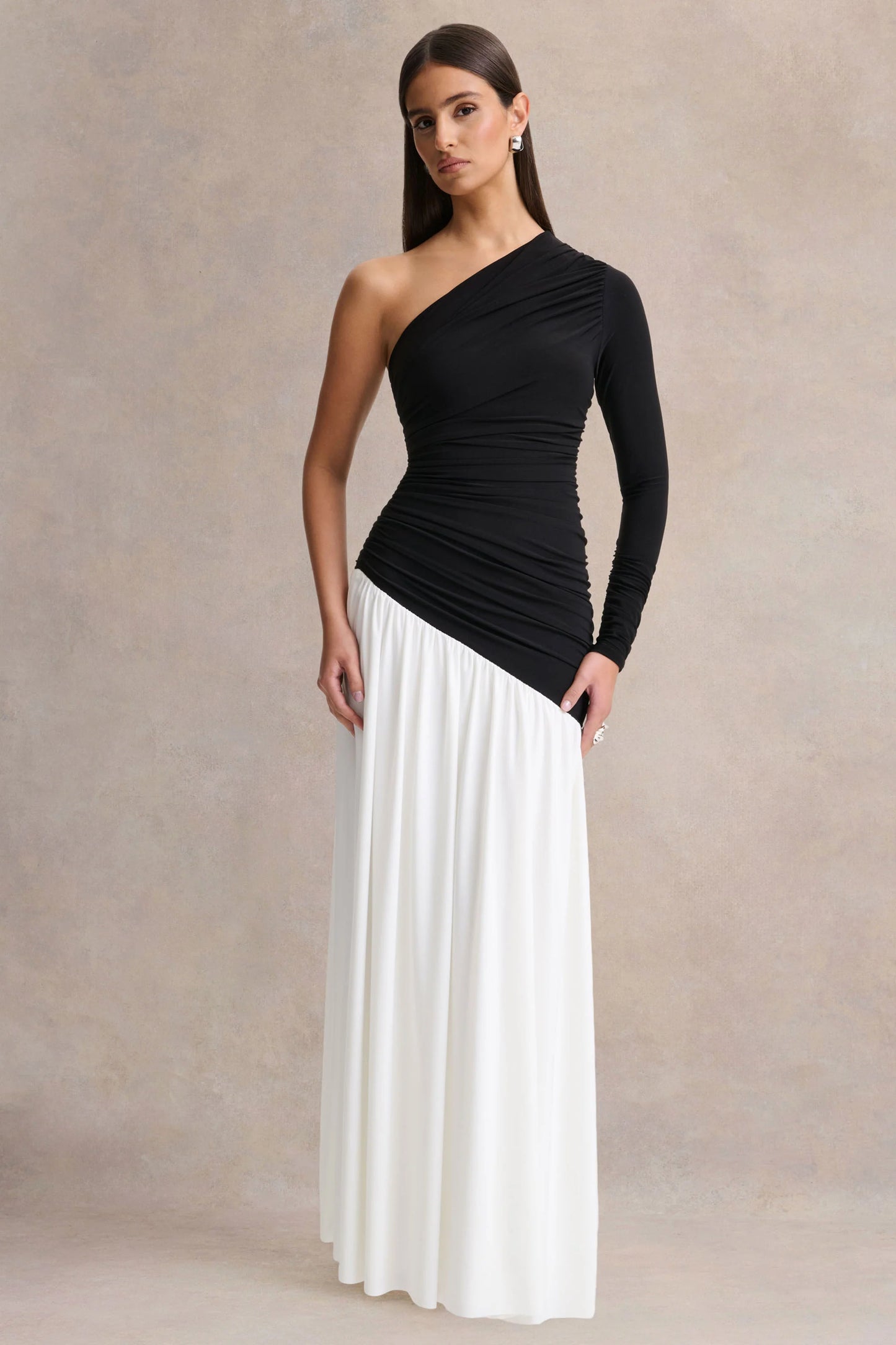 Danila Black And White Asymmetric-Neck Maxi Dress With Drop-Waist