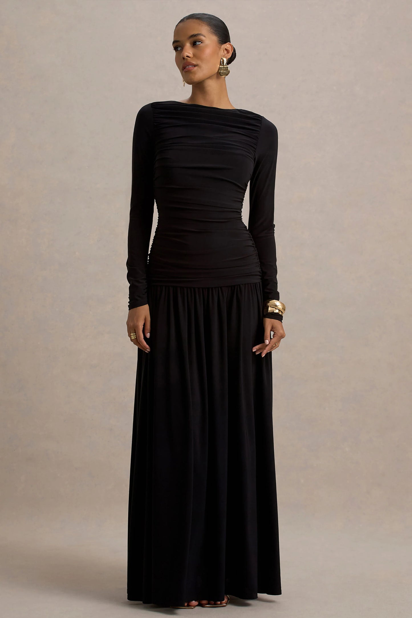 Aniyah Black High-Neck Maxi Dress With Ruched Detailing