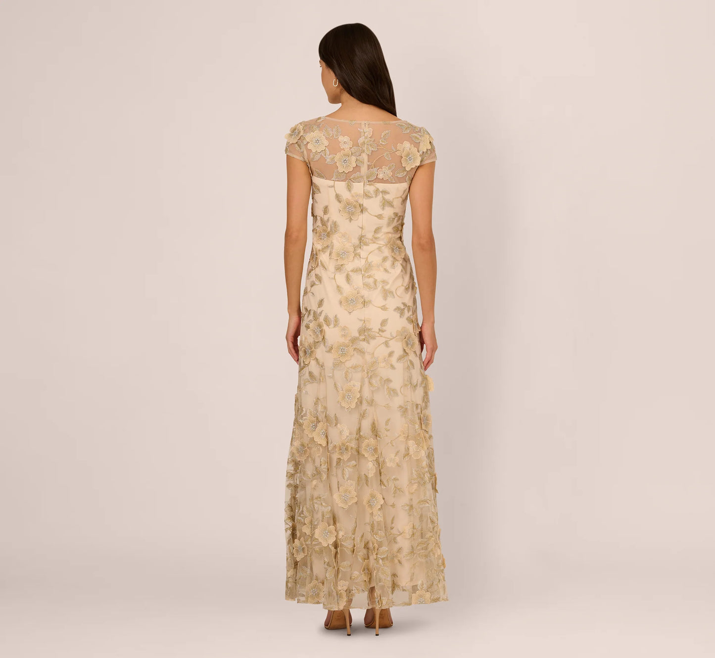 Cap Sleeve Floral Embroidered Illusion Godet Gown In Champagne
